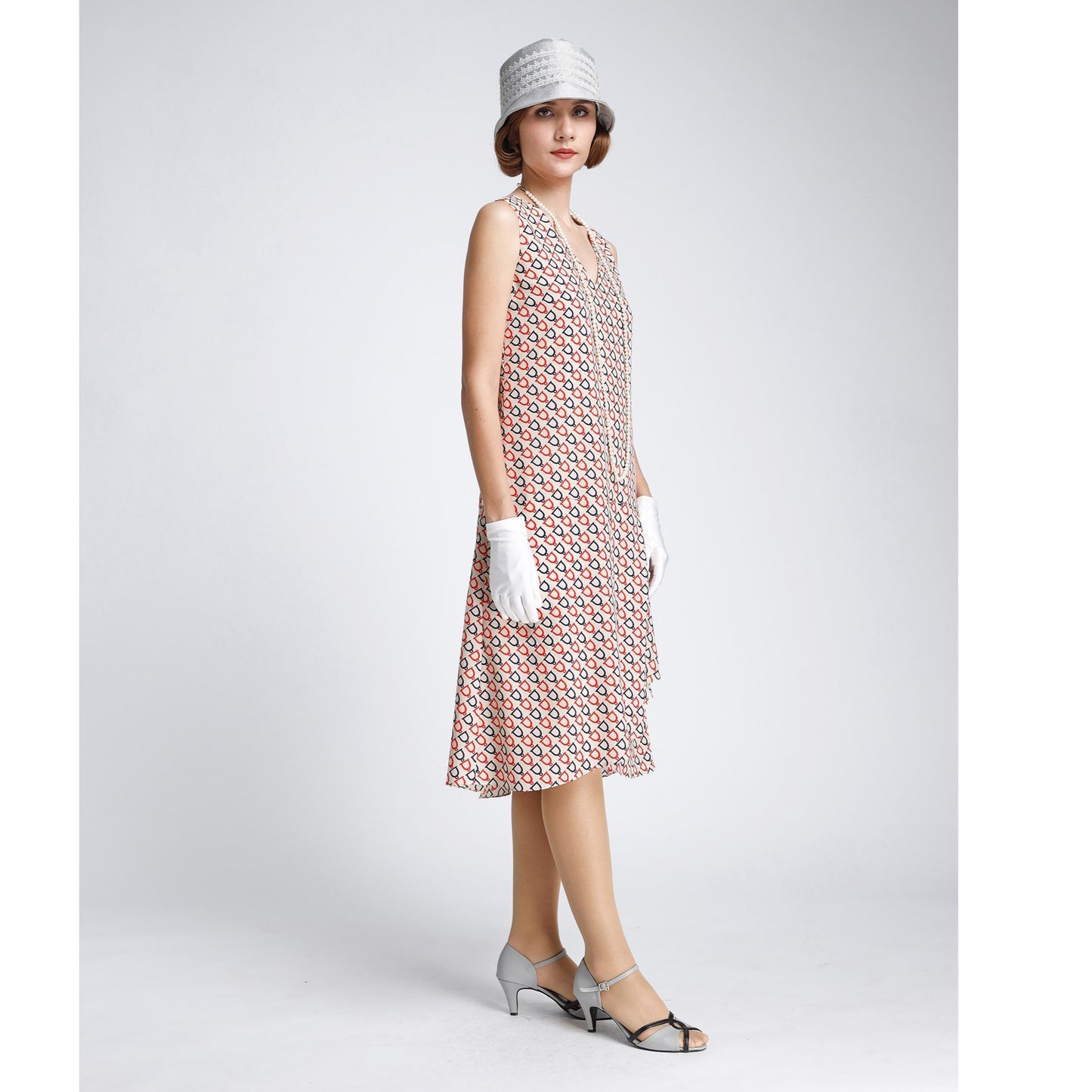 Chiffon 1920s dress in nude background and red/blue print, and drape and bow. Can be worn as a Great Gatsby dress, Charleston dress or 20s high tea dress.