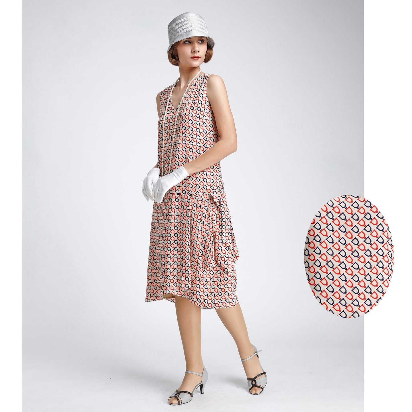 Art deco 1920s-inspired Gatsby dress in nude, dark blue and red print - a vintage-inspired Roaring Twenties dress