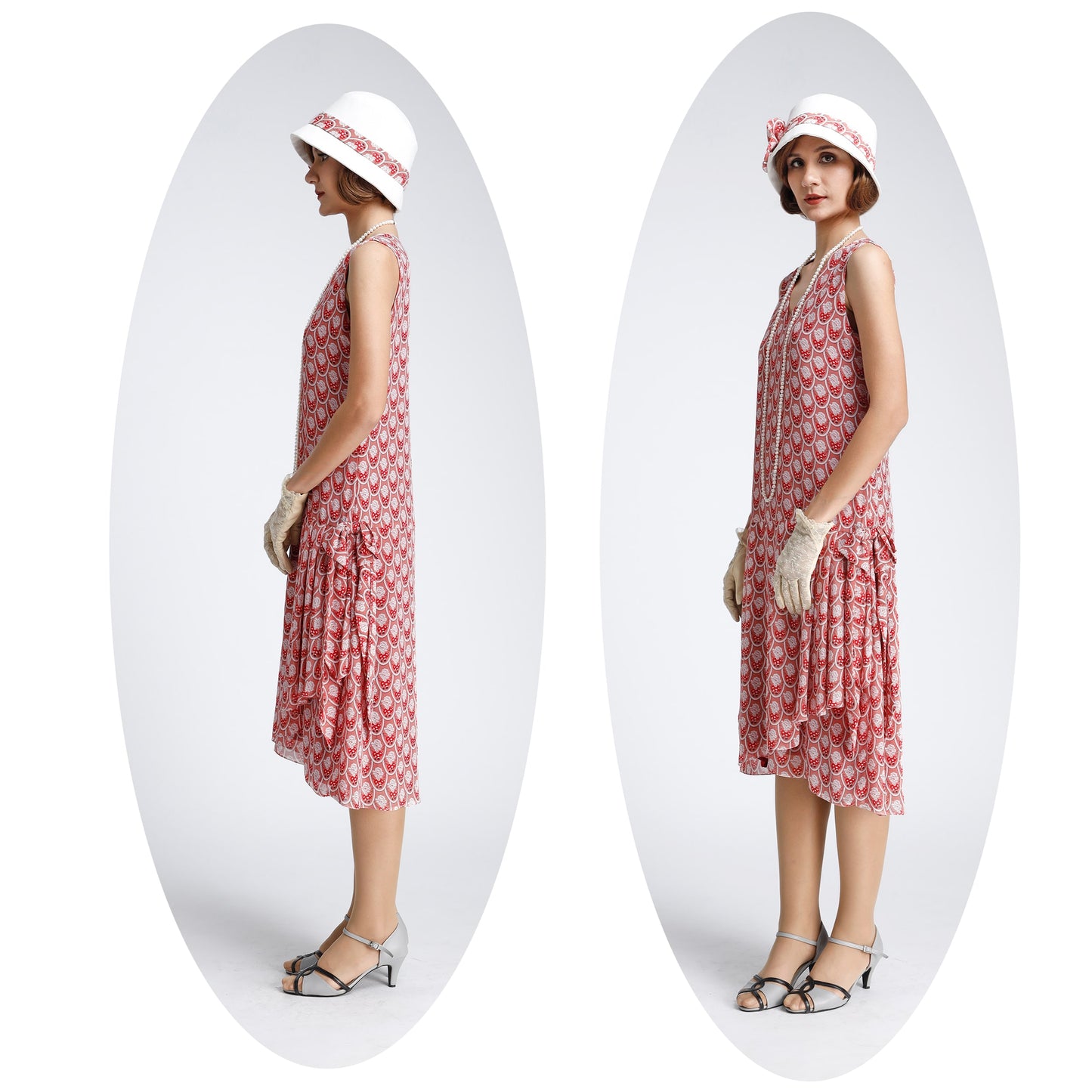 Red deco printed chiffon 1920s dress with drape and bow