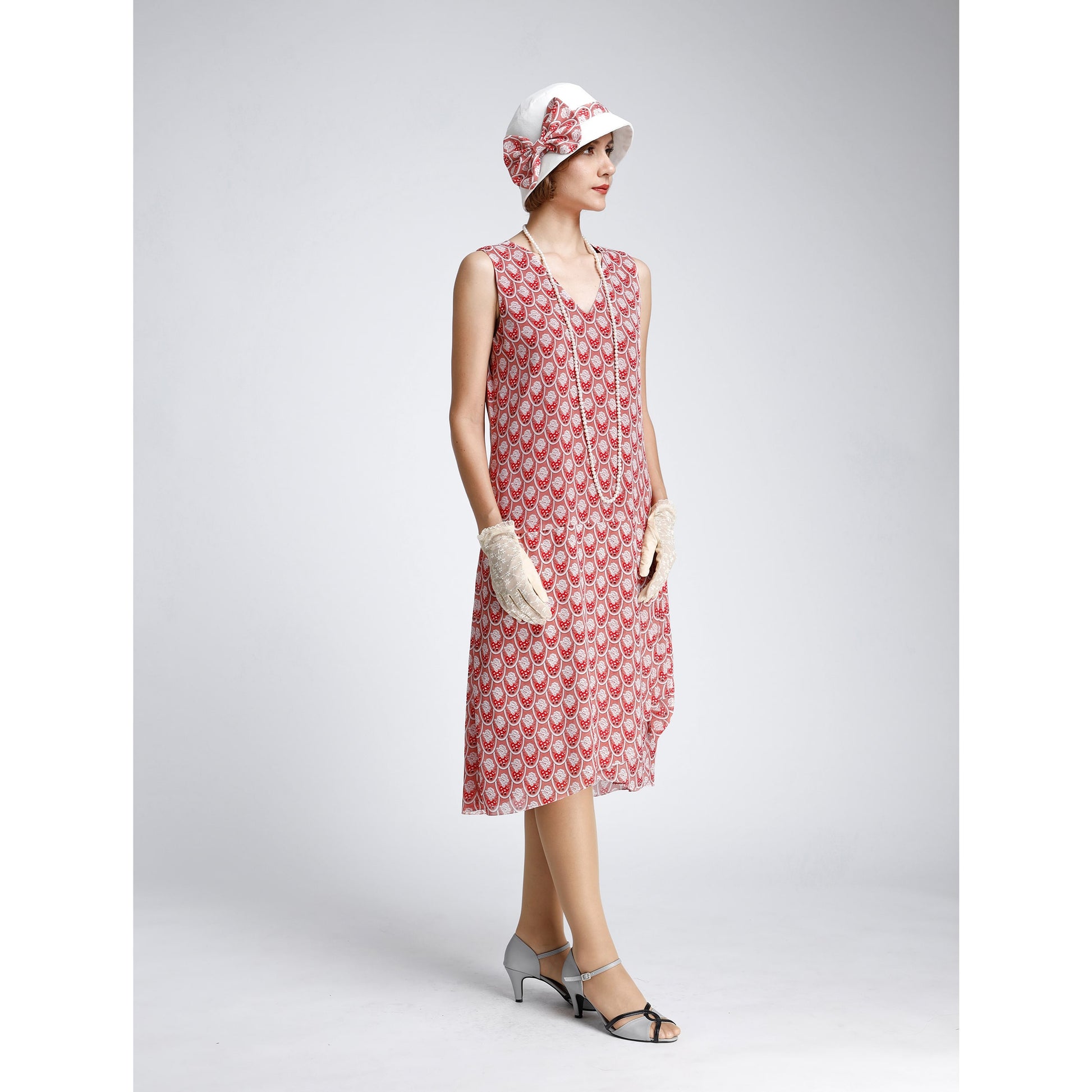 1920s dress in red deco print with drape and bow. This 1920s fashion can be worn as Great Gatsby summer dress, Downton Abbey dress or high tea dress.
