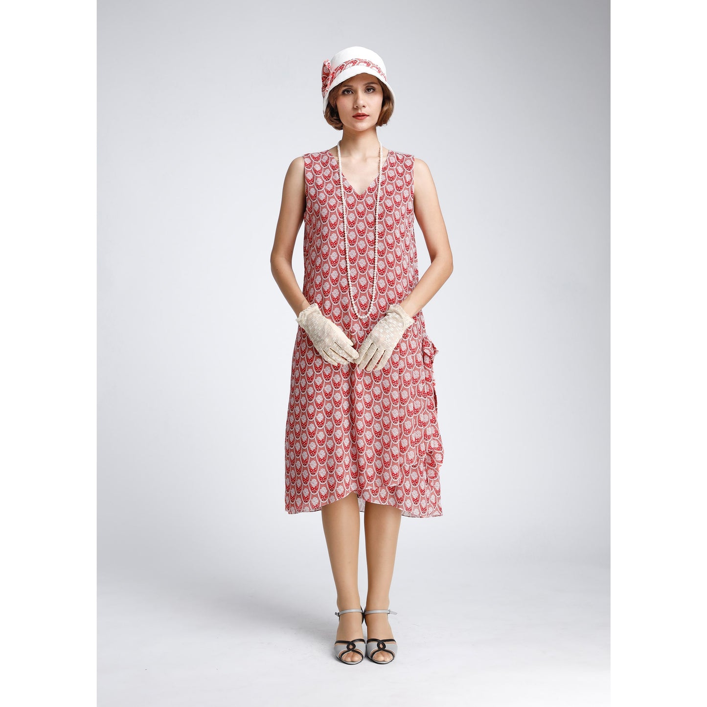 Red deco printed chiffon 1920s dress with drape and bow