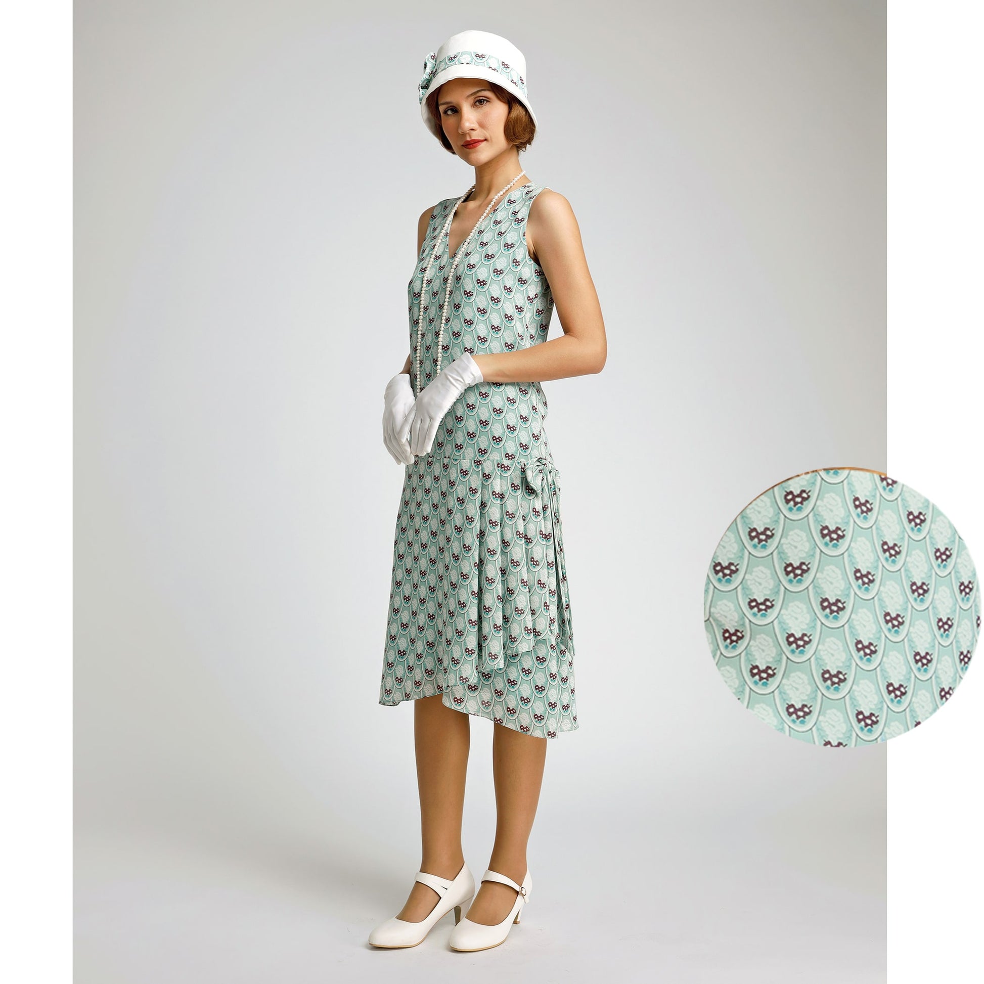 Light green deco printed chiffon 1920s dress with drape and bow - a 1920s fashion dress