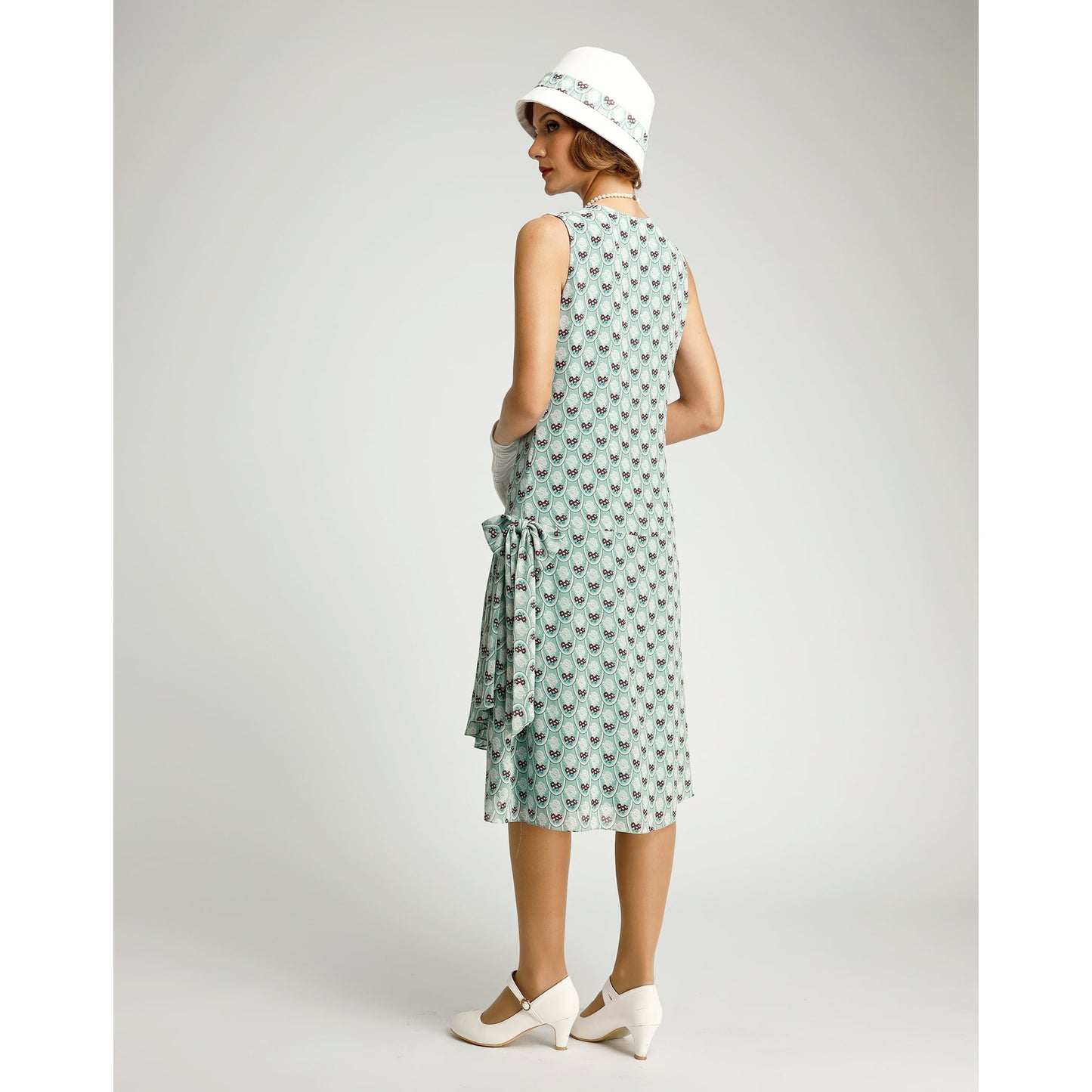 Light green deco printed chiffon 1920s dress with drape and bow