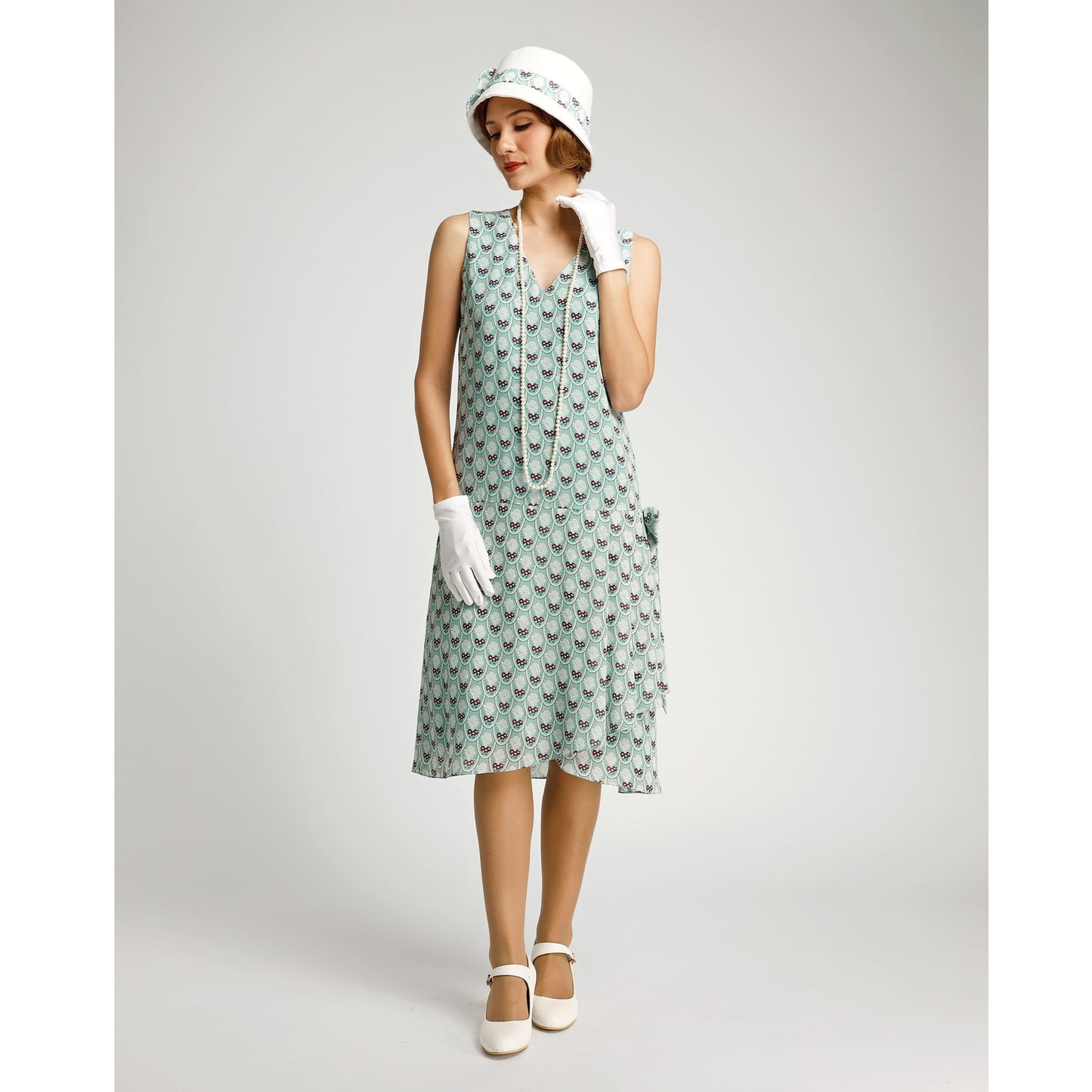 Light green deco printed chiffon 1920s dress with drape and bow