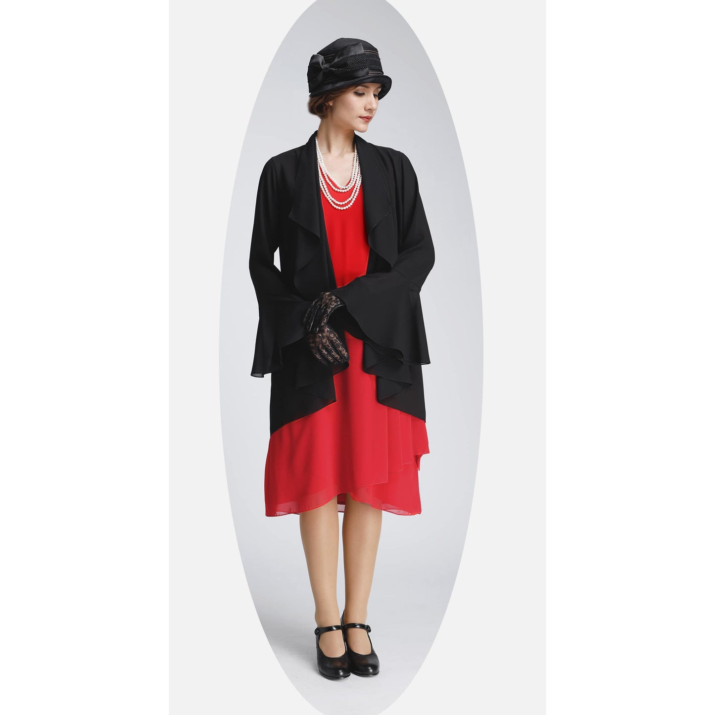 Silk cloche hat in black with a bow and grey lace trim