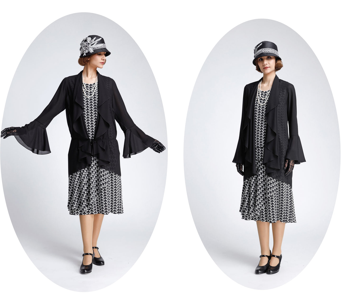 Art deco chiffon flapper dress with a ruffled skirt detail