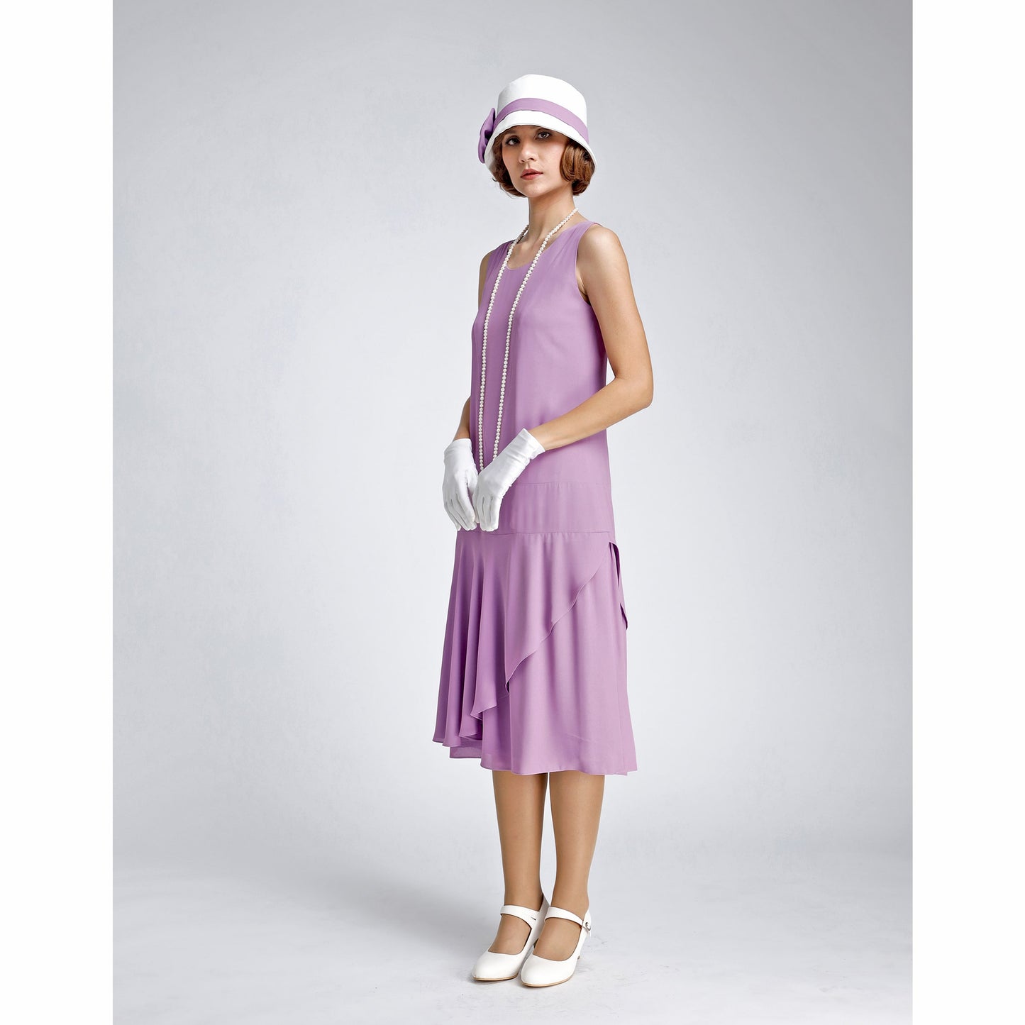 Great Gatsby hat with off-white cotton and lavender ribbon