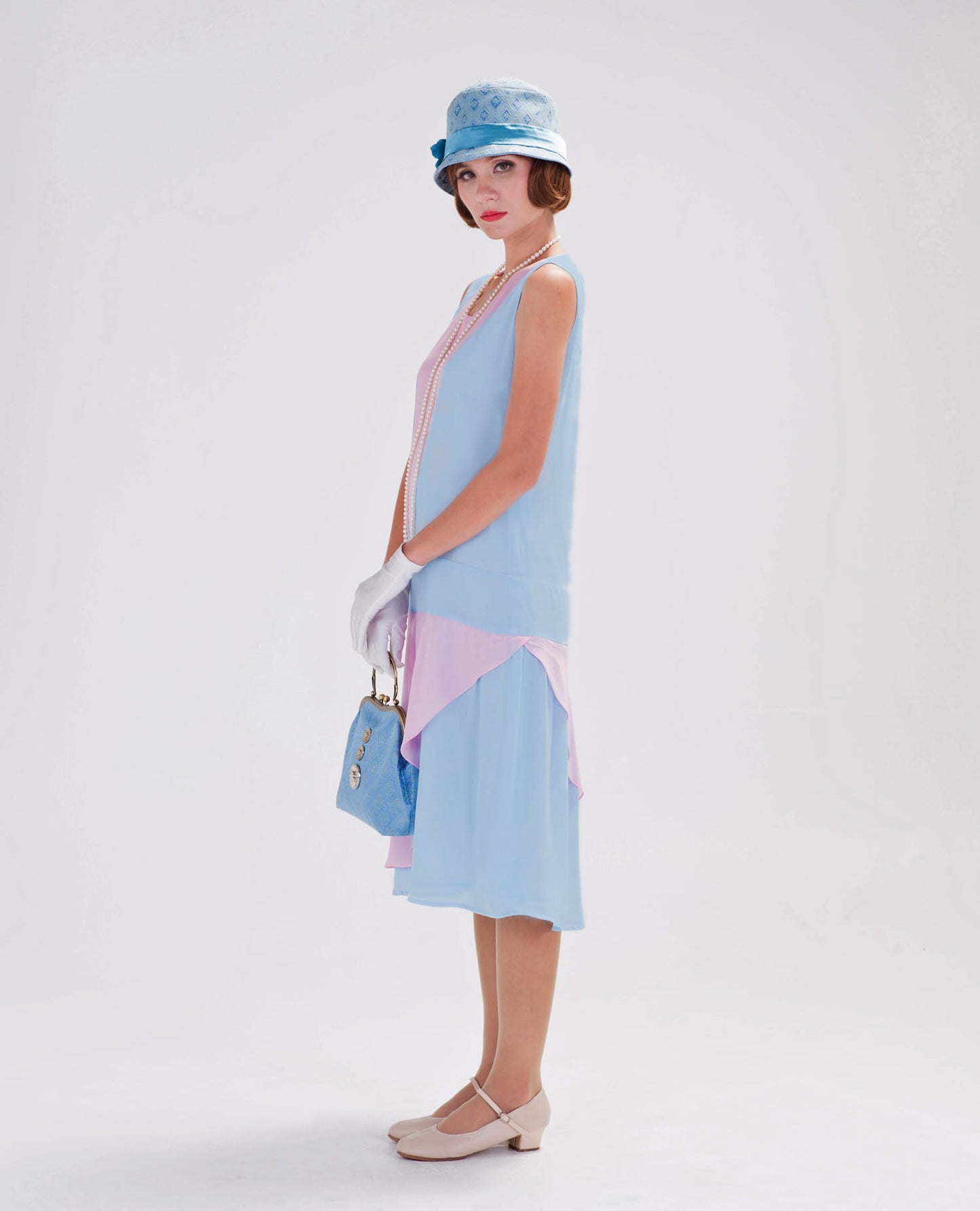 CLEARANCE: Light Blue Pink 1920s Gatsby Day Dress in Drop Waist Style