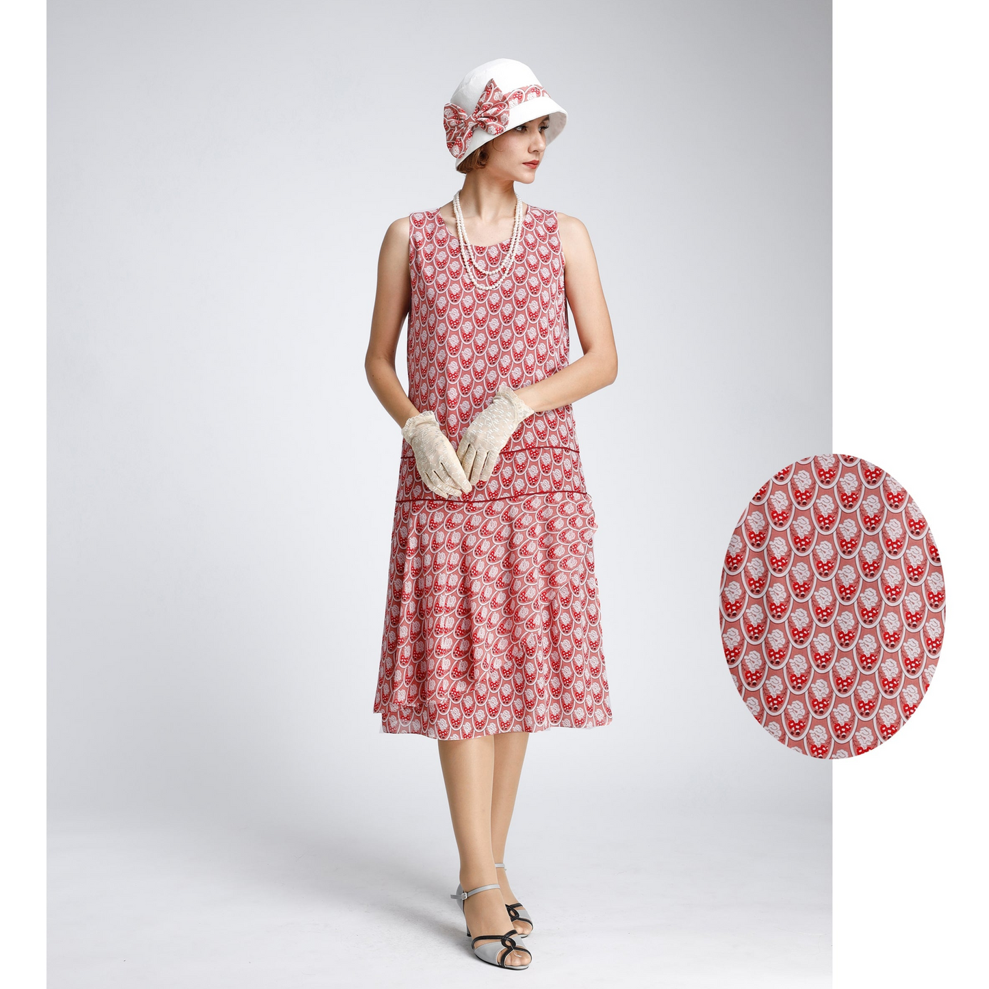 Gatsby day dress made of printed red chiffon with a ruffled skirt detail - a vintage inspired dress