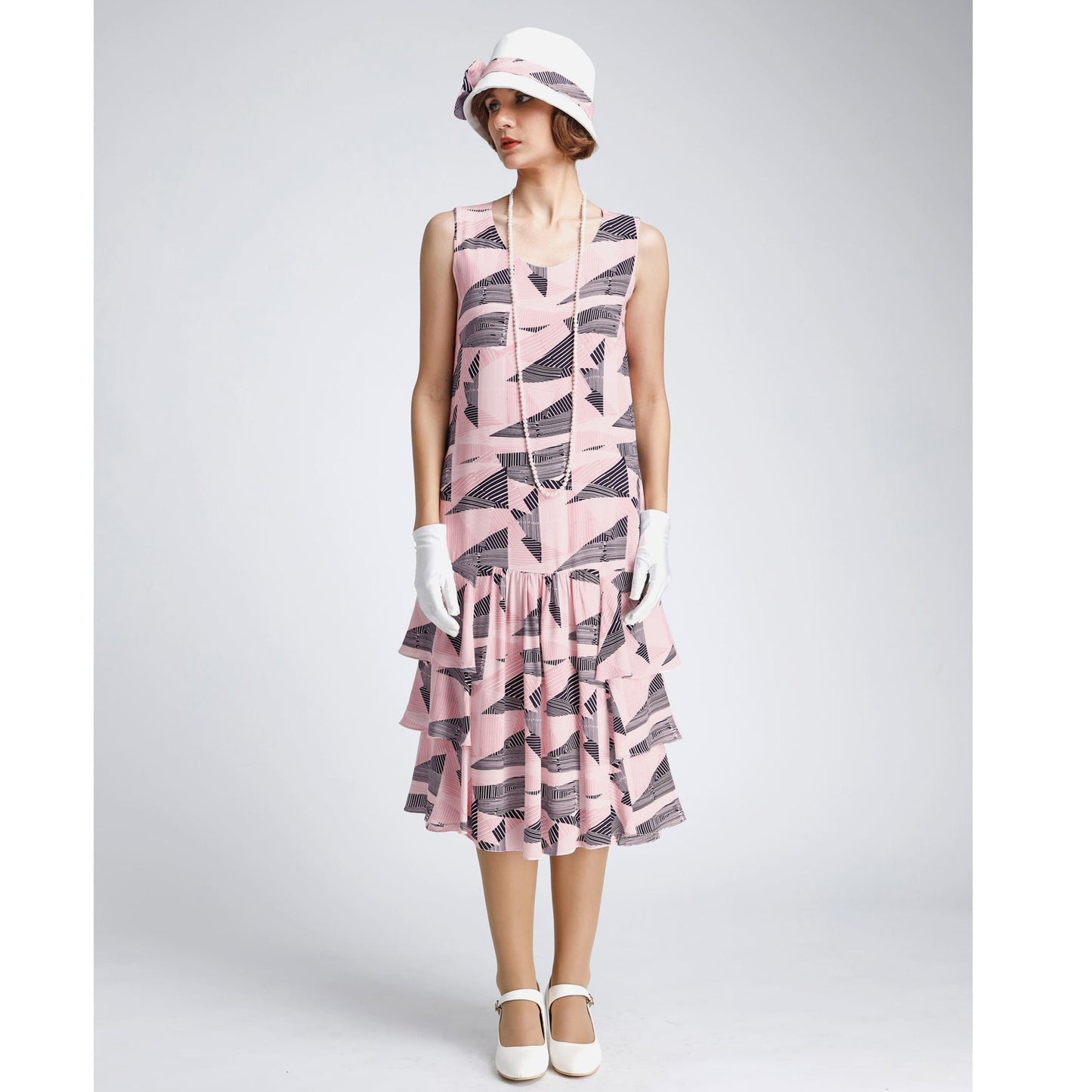 A darling pink and black 1920s rayon dress with tiered skirt - a vintage-inspired Roaring Twenties dress