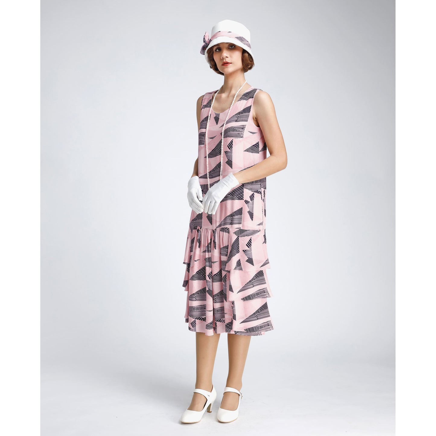 A darling pink and black 1920s rayon dress with tiered skirt