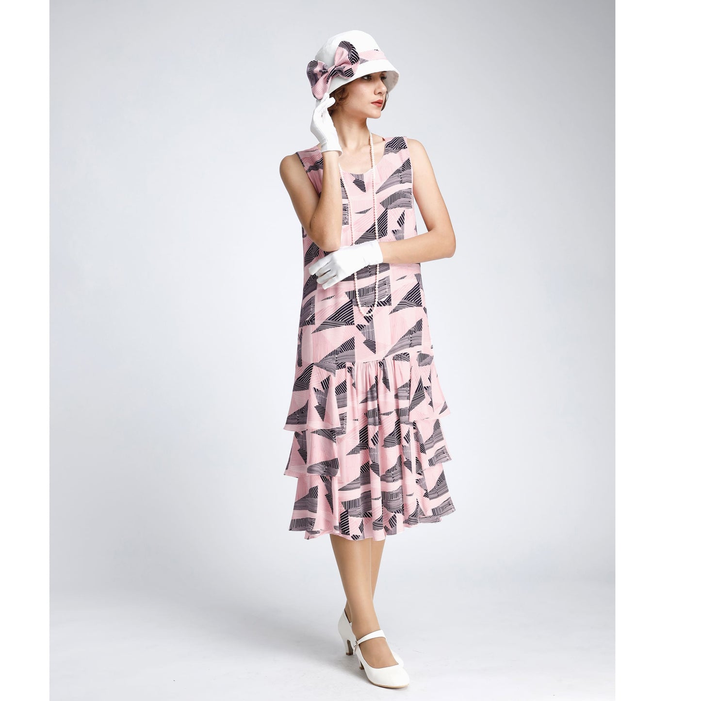 A darling pink and black 1920s rayon dress with tiered skirt