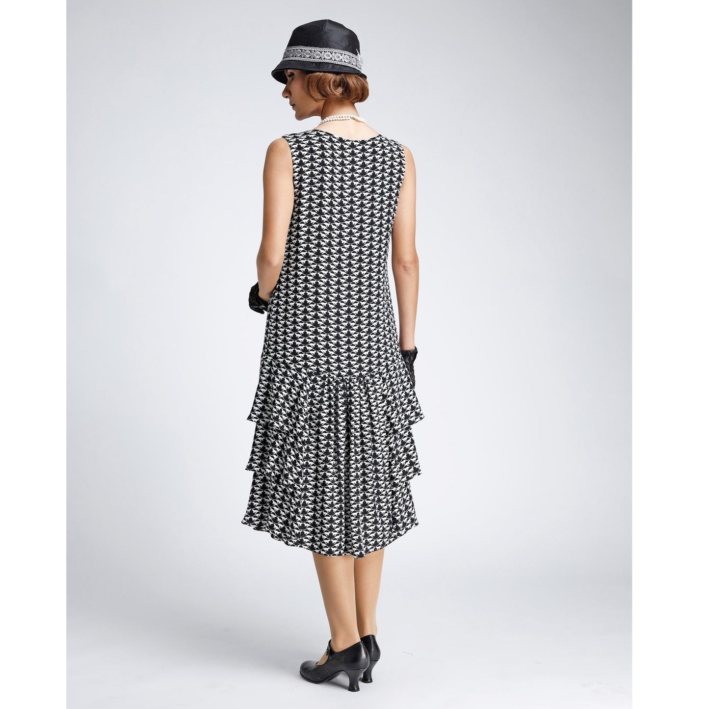 1920s black and white chiffon art deco dress with tiered skirt
