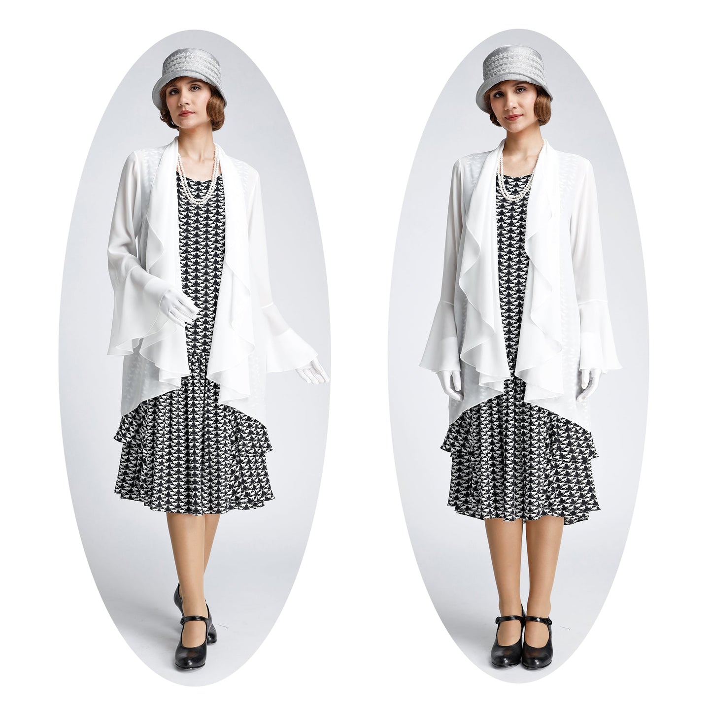 1920s black and white chiffon art deco dress with tiered skirt