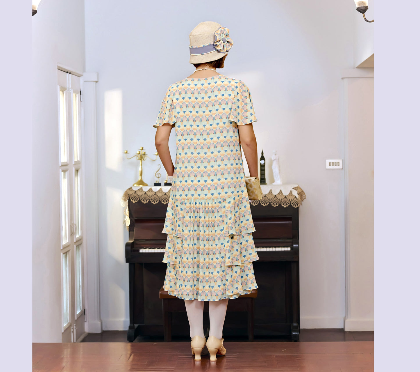 Summer art deco dress with tiered skirt and flutter sleeves