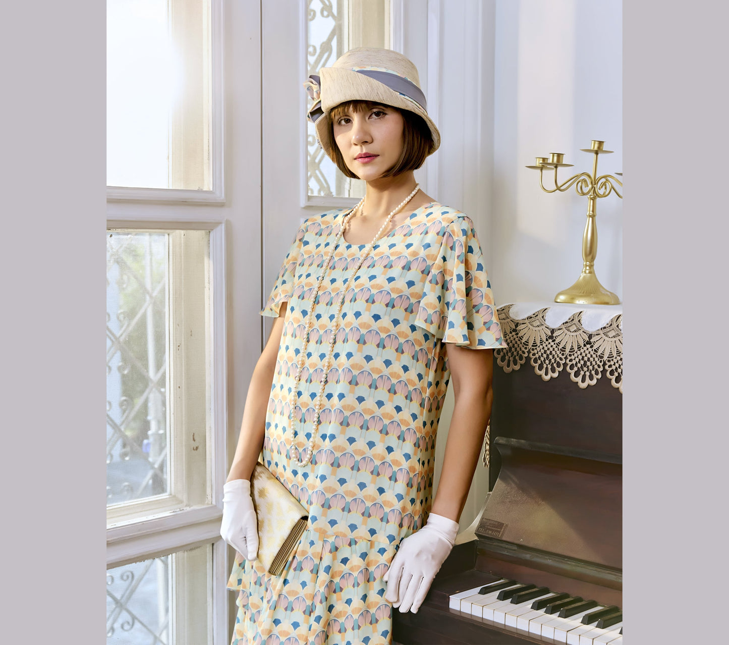 Summer art deco dress with tiered skirt and flutter sleeves