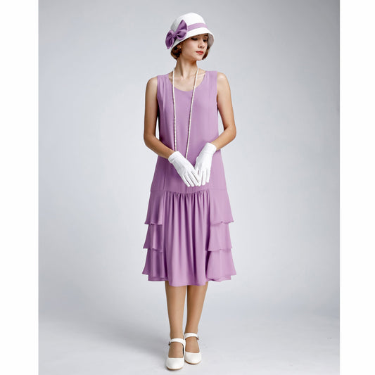 Purple 1920s-inspired dress with tiered skirt, a vintage-inspired Roaring Twenties dress