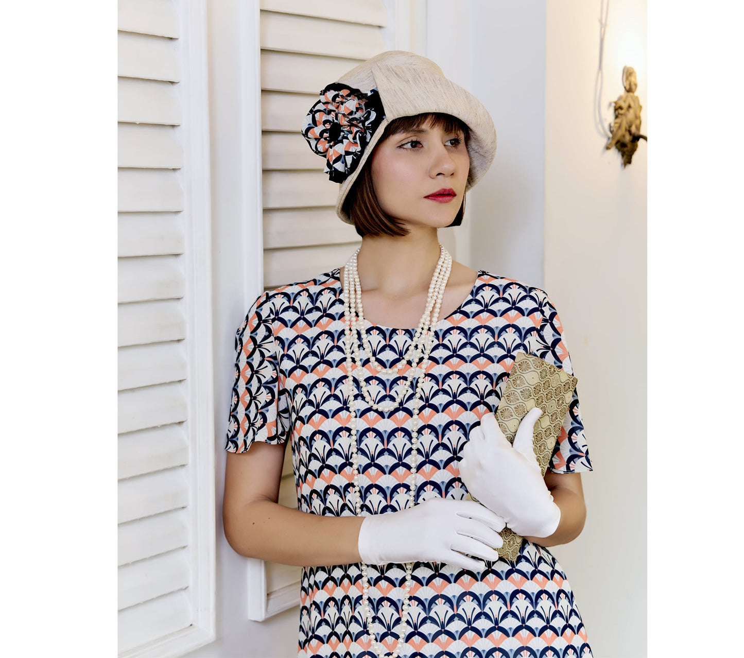 CLEARANCE: Flapper day dress in art deco print with tiered skirt