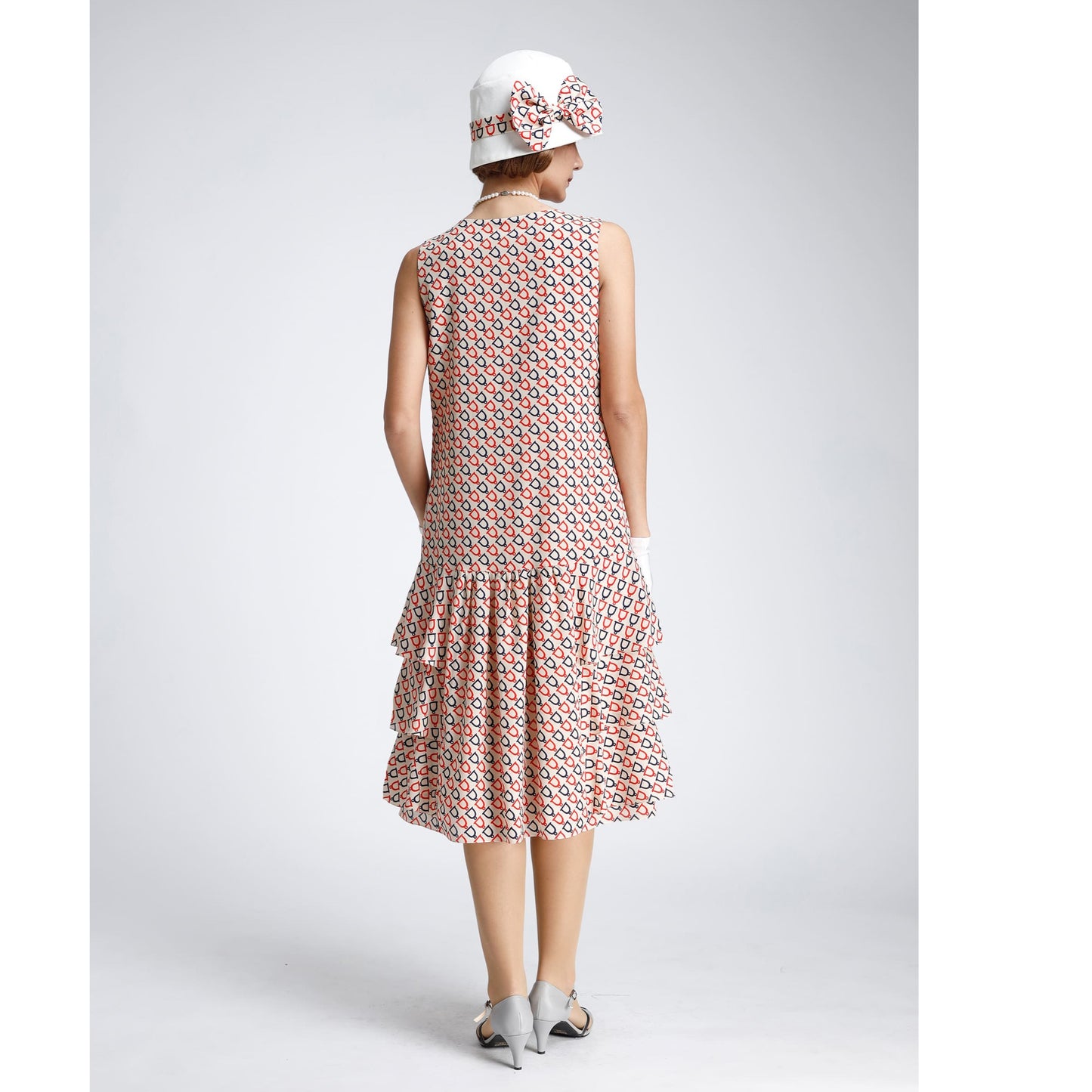 Great Gatsby dress in nude, dark blue and red print, with tiered skirt