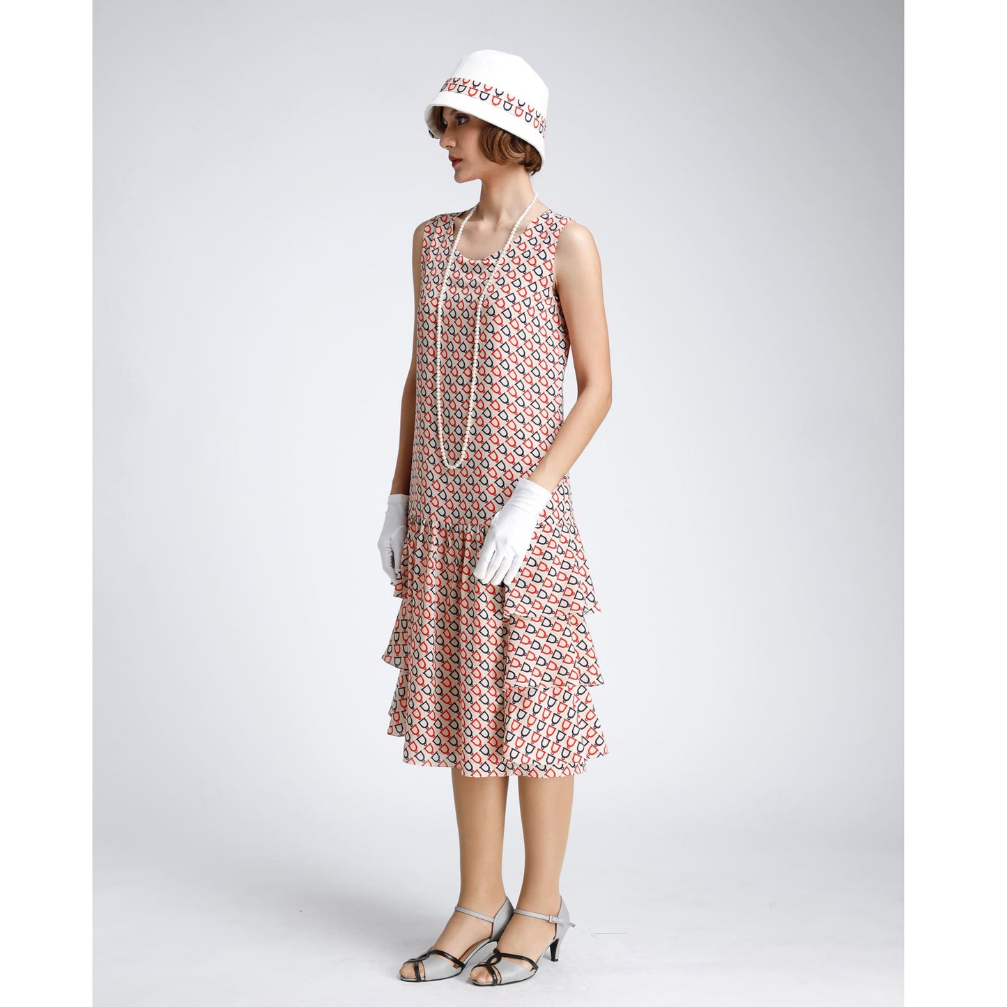 This art deco dress in nude, blue and red print with tiered skirt can be worn as a summer flapper dress, 1920s high tea dress or Great Gatsby party dress.