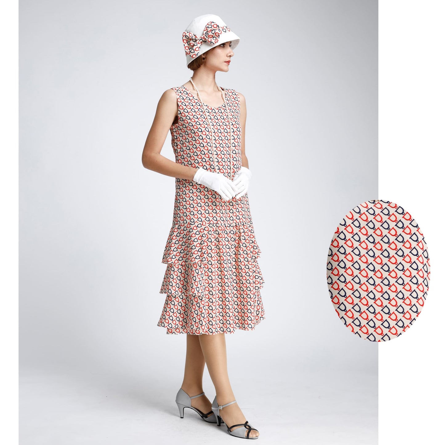 Great Gatsby dress in nude, dark blue and red print, with tiered skirt - a vintage-inspired Roaring Twenties dress