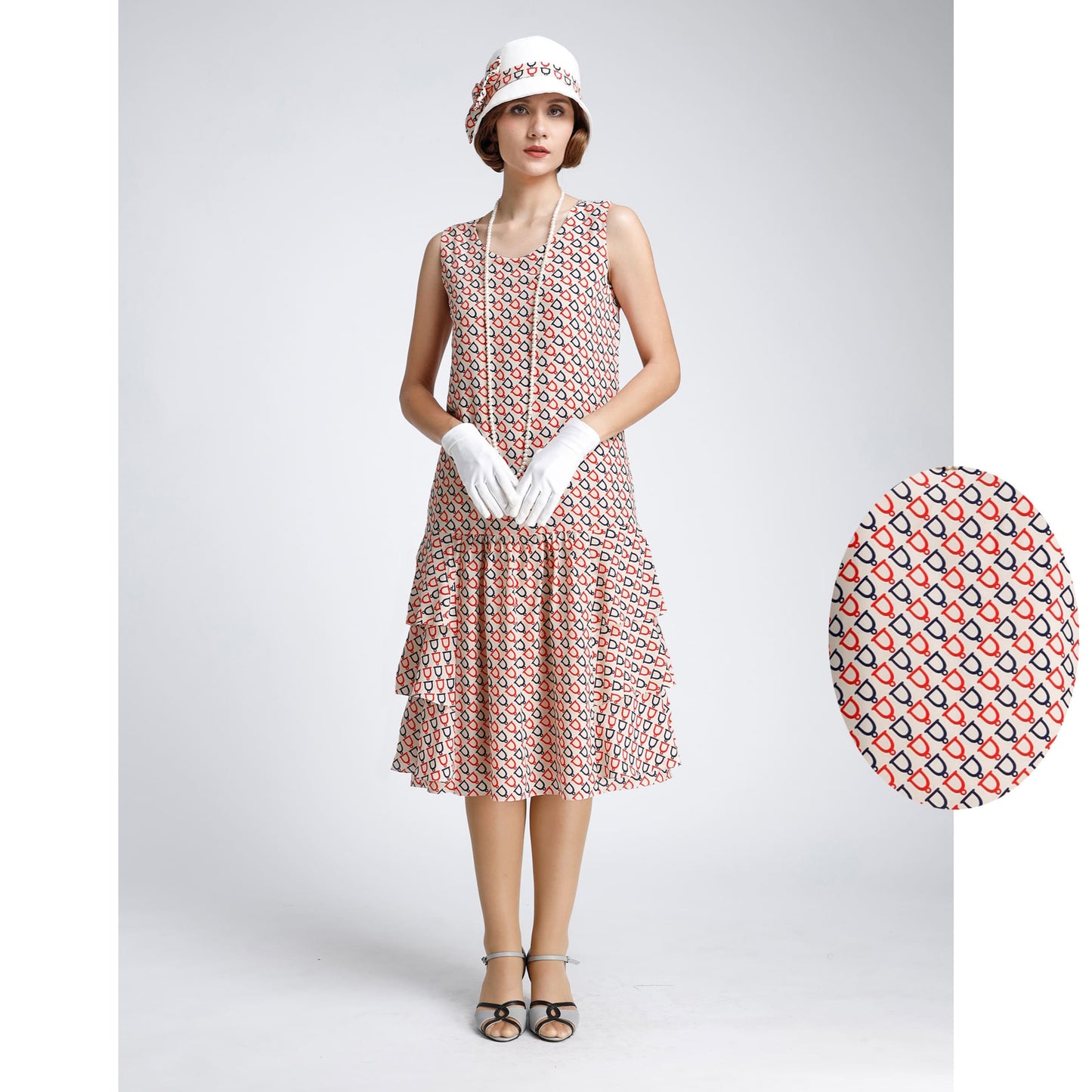 Great Gatsby dress in nude, dark blue and red print, with tiered skirt