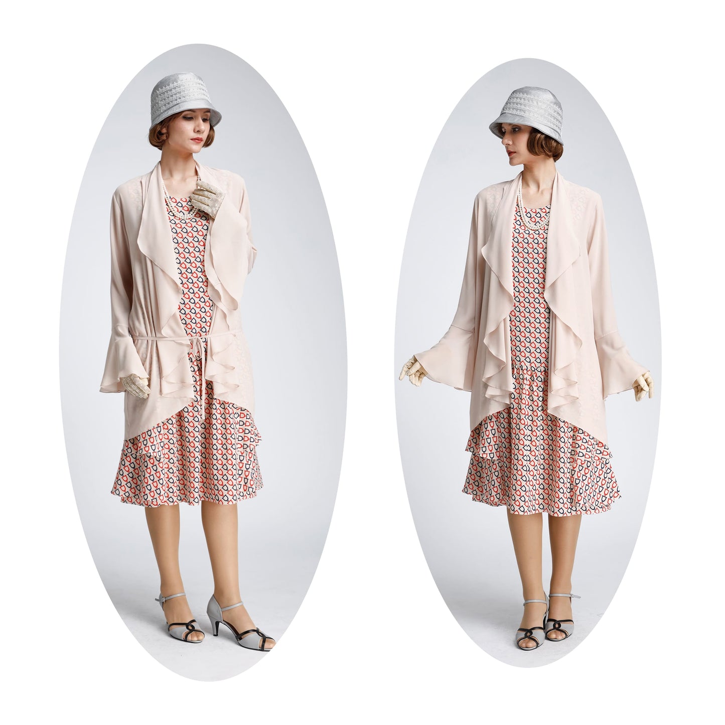 Great Gatsby dress in nude, dark blue and red print, with tiered skirt