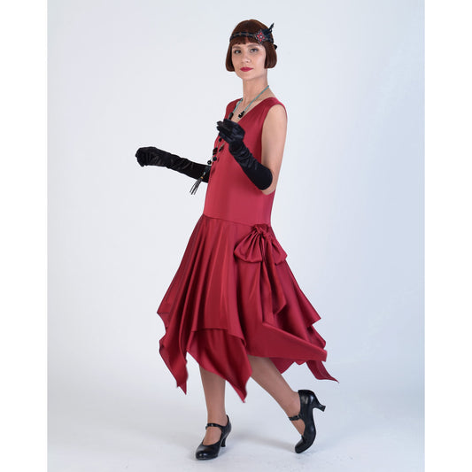 Roaring 20s satin dress in dark red with handkerchief skirt, a vintage-inspired Roaring Twenties dress