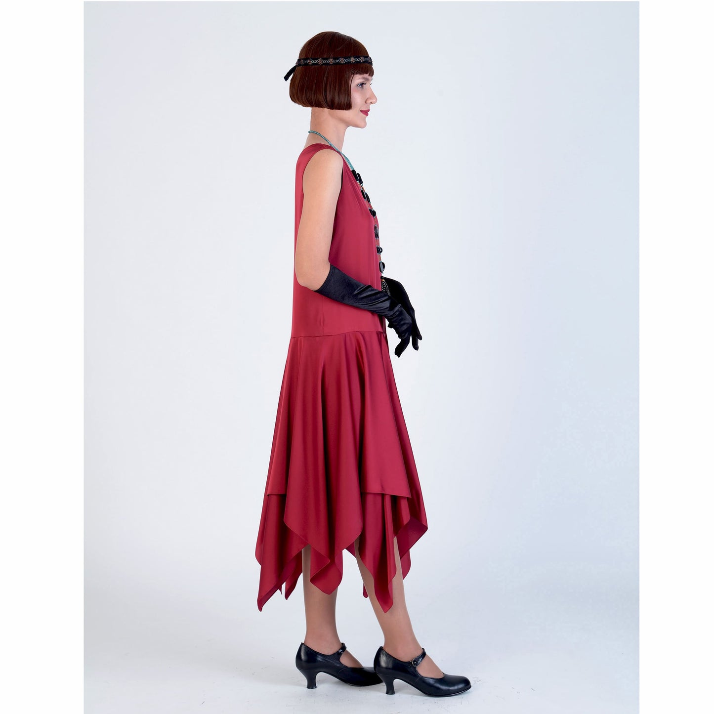 Roaring 20s satin dress in dark red with handkerchief skirt