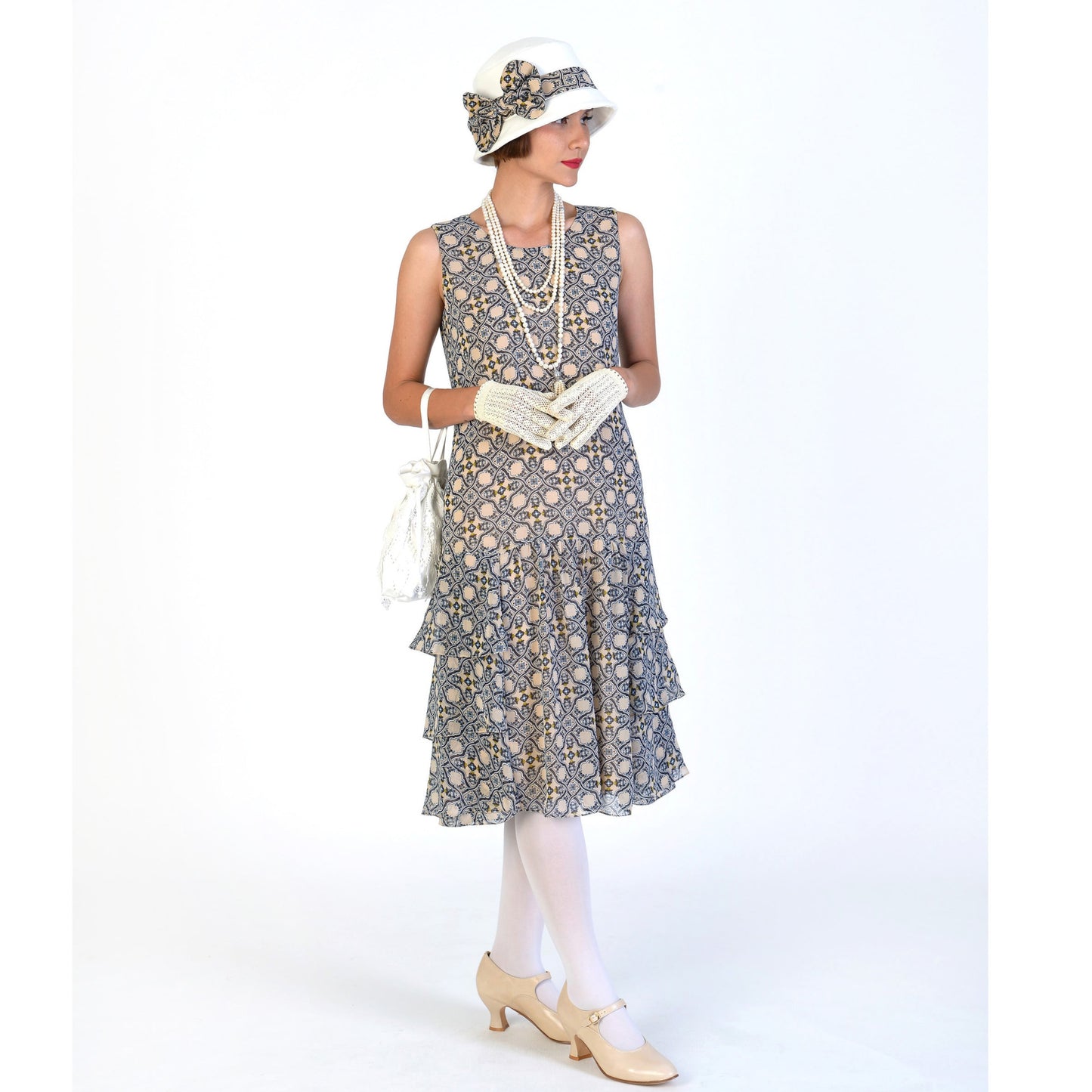 1920s Gatsby dress of chiffon with tiered skirt and tile pattern print