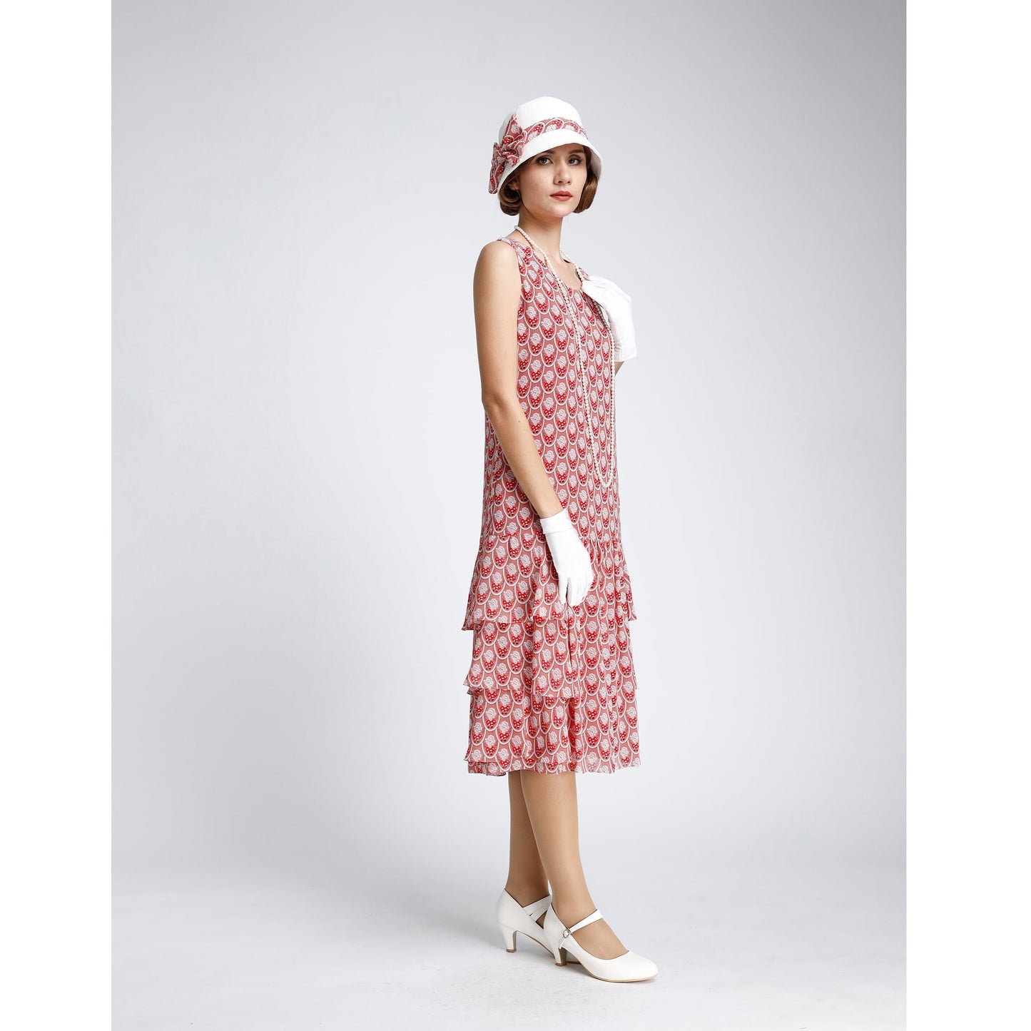 A red printed chiffon 1920s day dress with tiered skirt, nice for any roaring twenties lawn party
