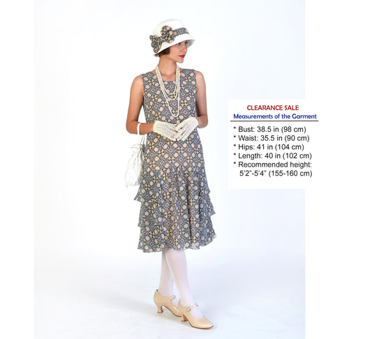 CLEARANCE: 1920s Gatsby dress of chiffon with tiered skirt and tile pattern print
