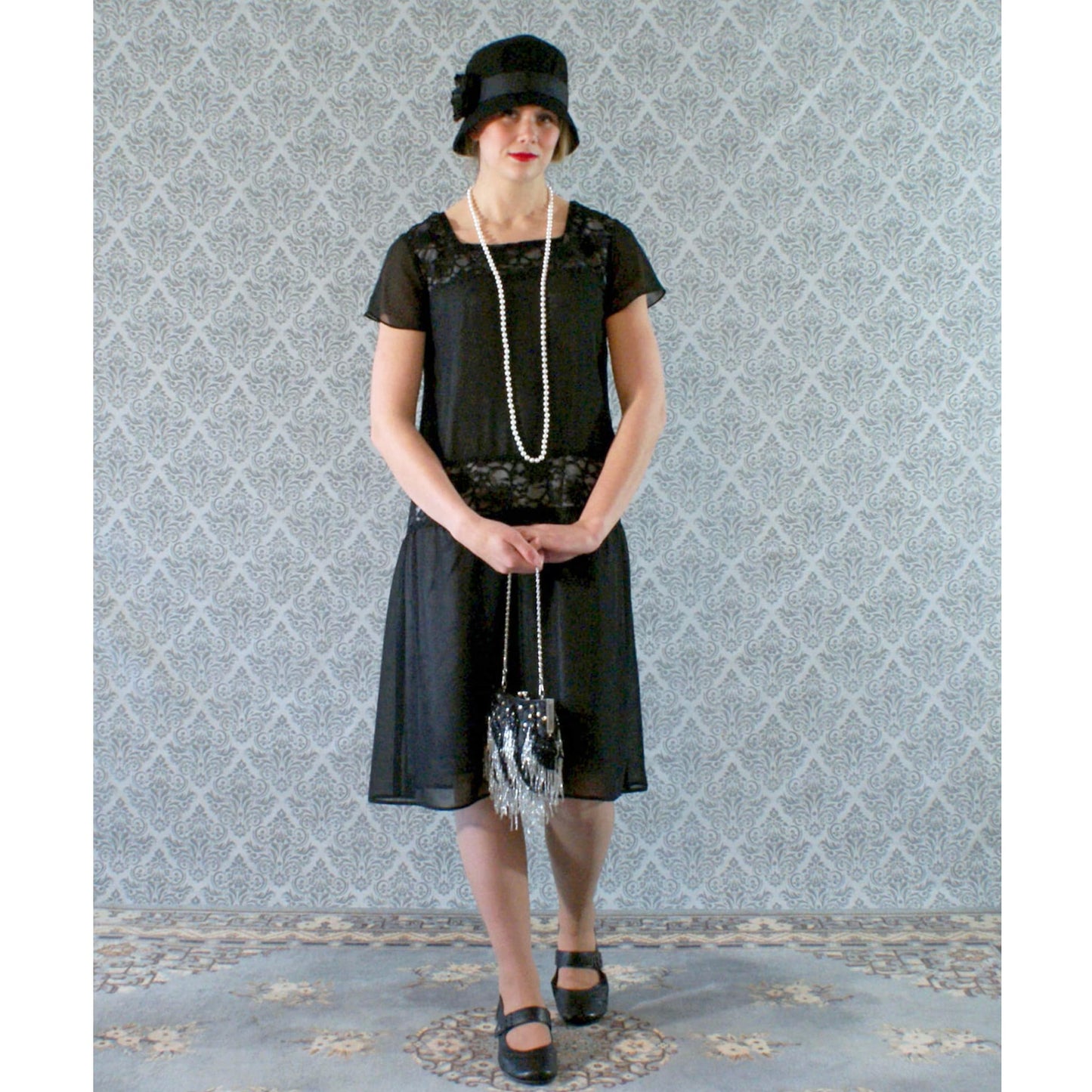 Black flapper dress with chiffon and lace with flutter sleeves - a vintage-inspired Roaring Twenties dress