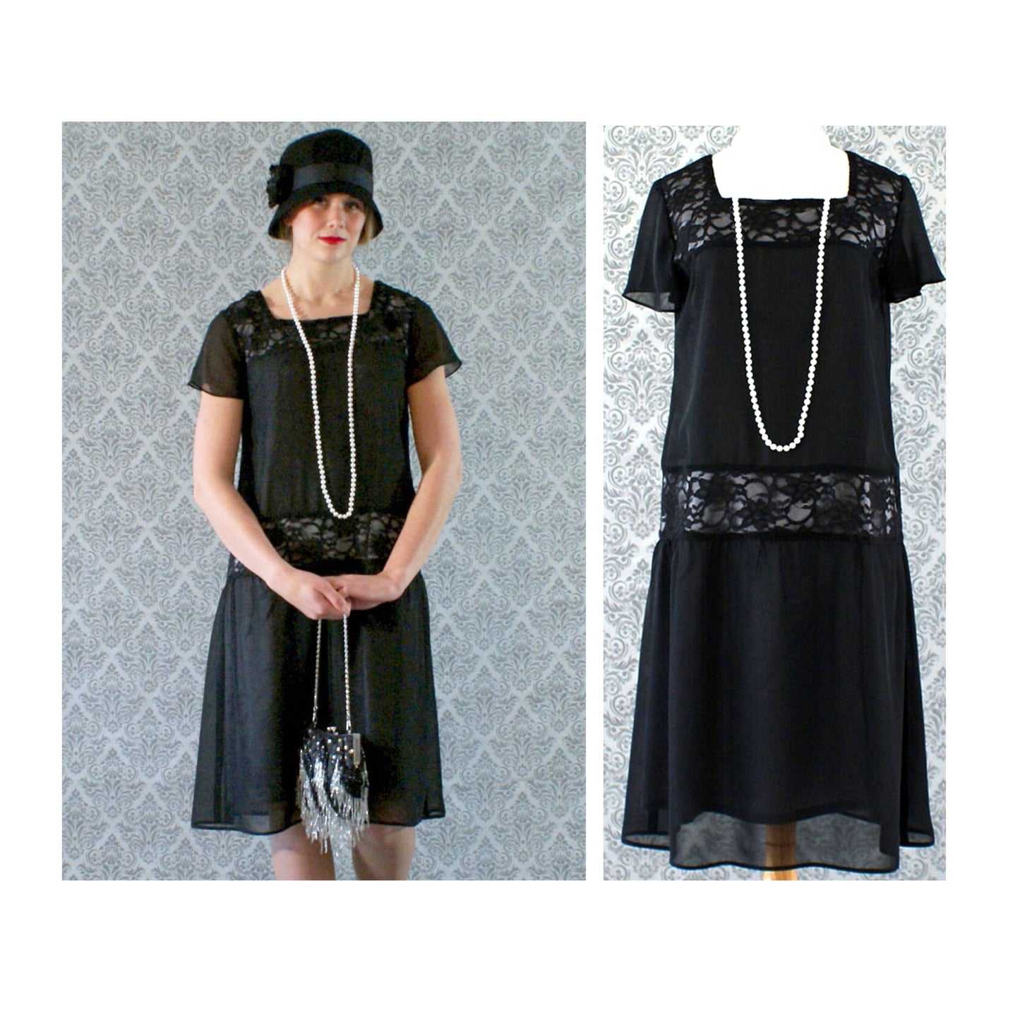 Black chiffon 1920s dress with black lace fabrics and flutter sleeves. Can be worn as Gatsby dress, Downton Abbey dress or Charleston dress