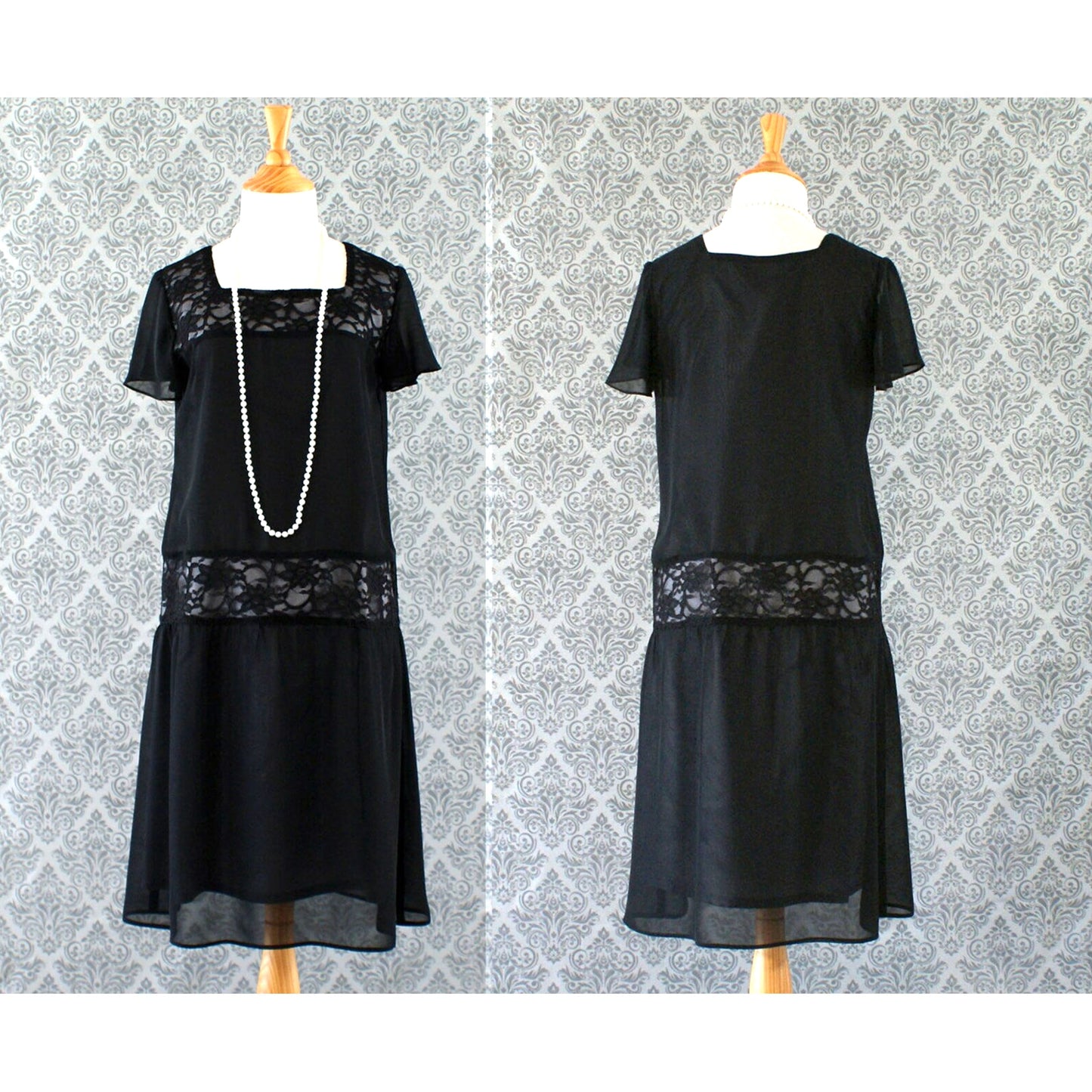Black flapper dress with chiffon and lace with flutter sleeves