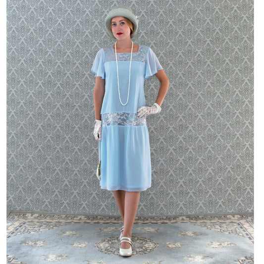 Light blue 1920s Great Gatsby dress with flutter sleeves