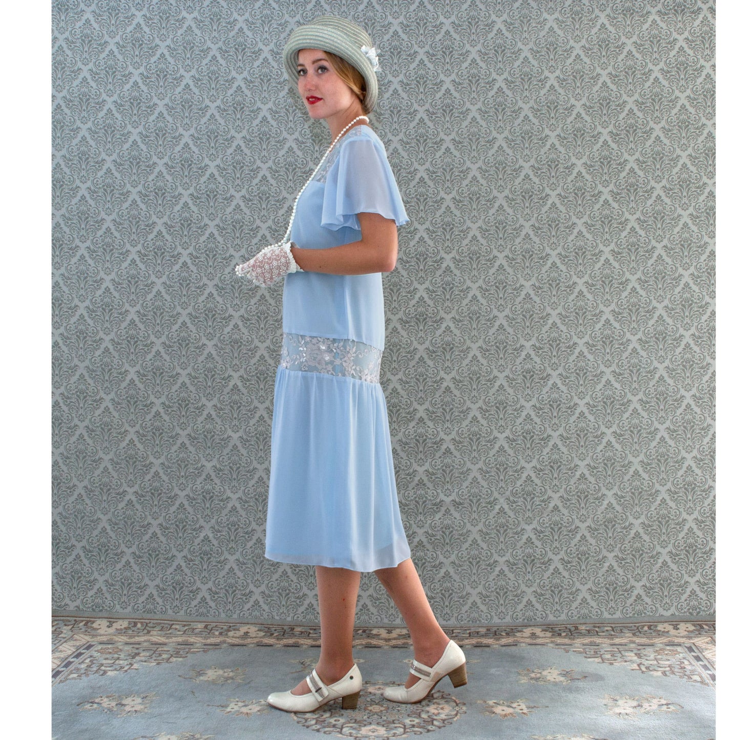 Light blue 1920s Great Gatsby dress with flutter sleeves