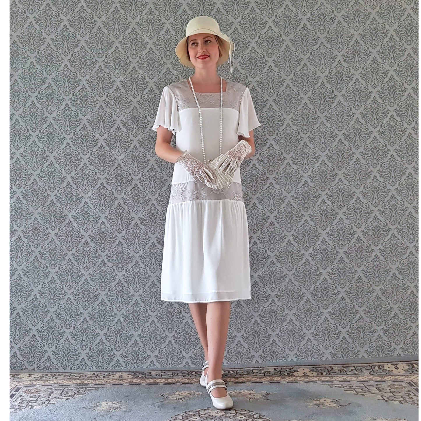 Off-white Downton Abbey dress with flutter sleeves - a vintage-inspired Roaring Twenties dress