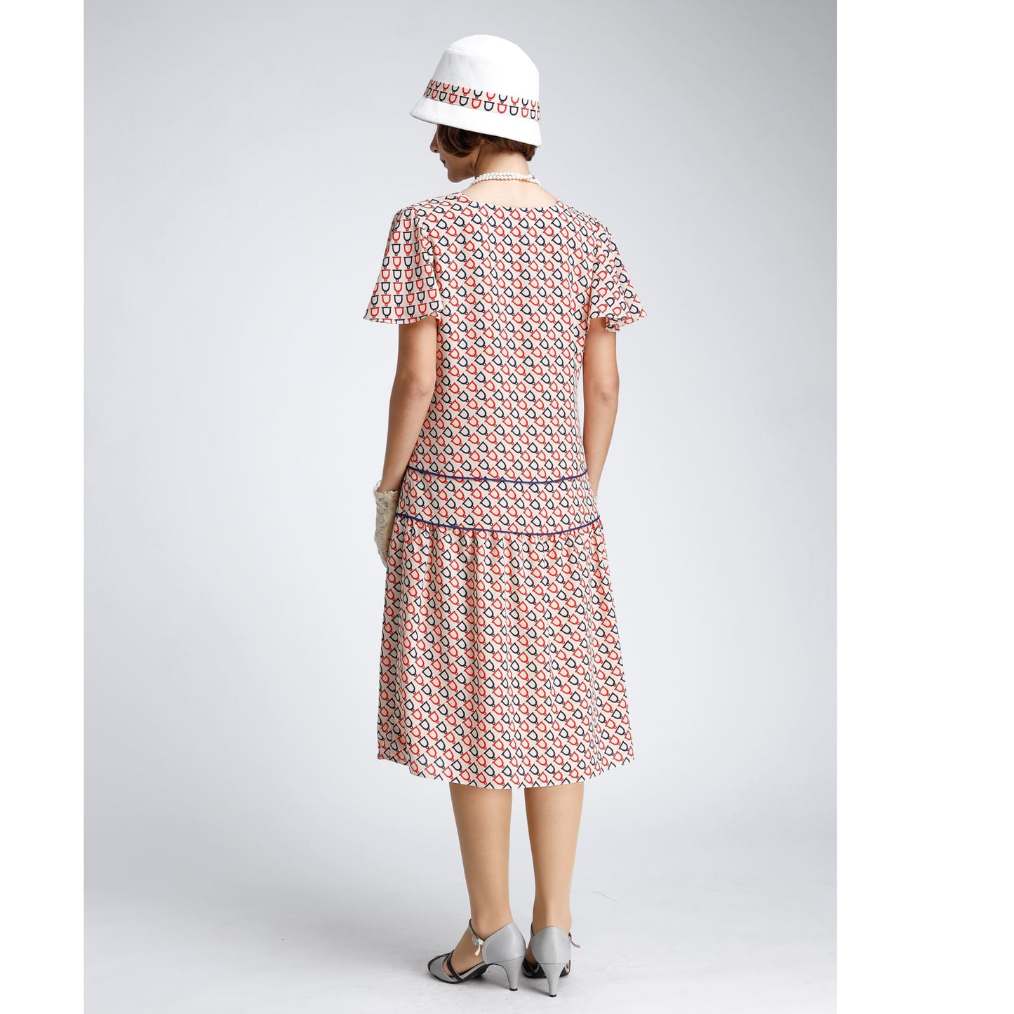 1920s Great Gatsby dress in nude with dark blue and red print