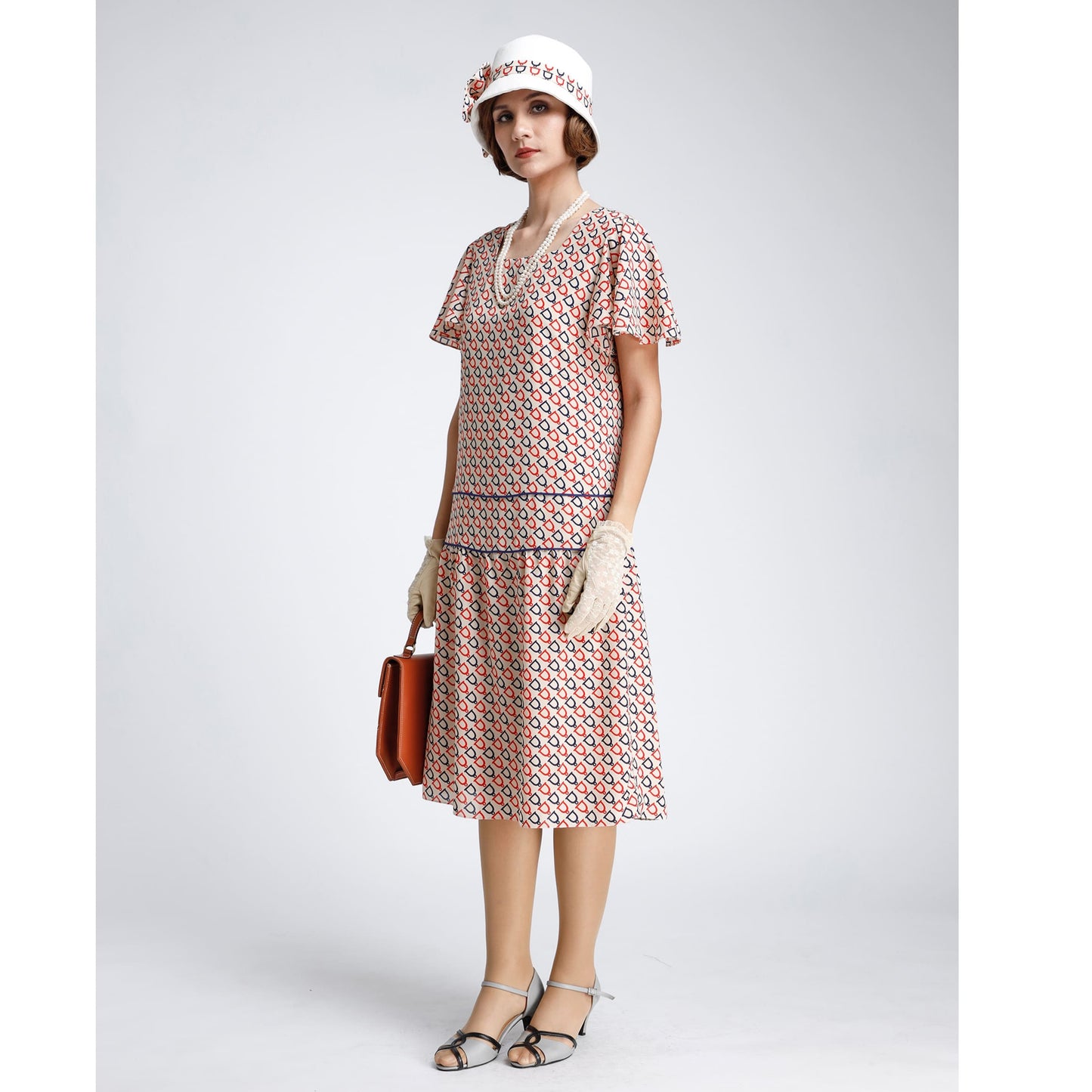 1920s Great Gatsby dress in nude with dark blue and red print