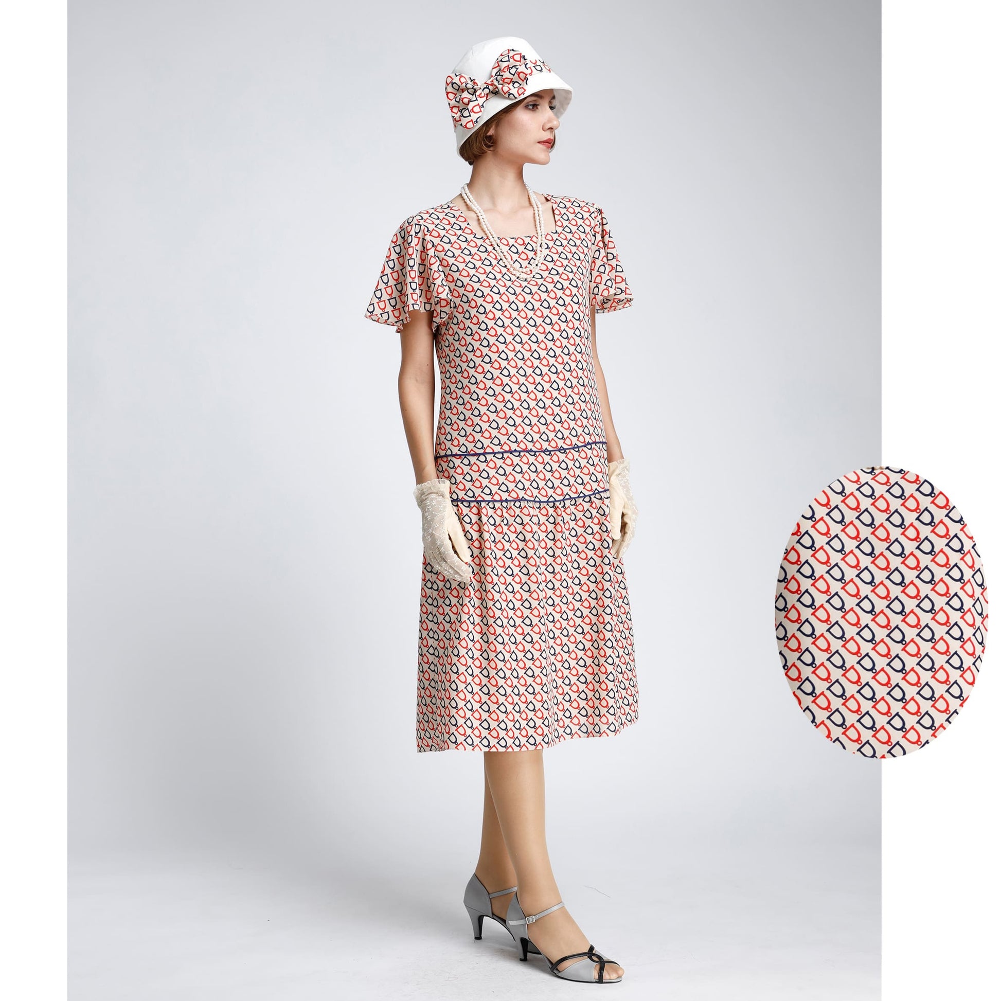 1920s Great Gatsby dress in nude with dark blue and red print - a Roaring Twenties dress