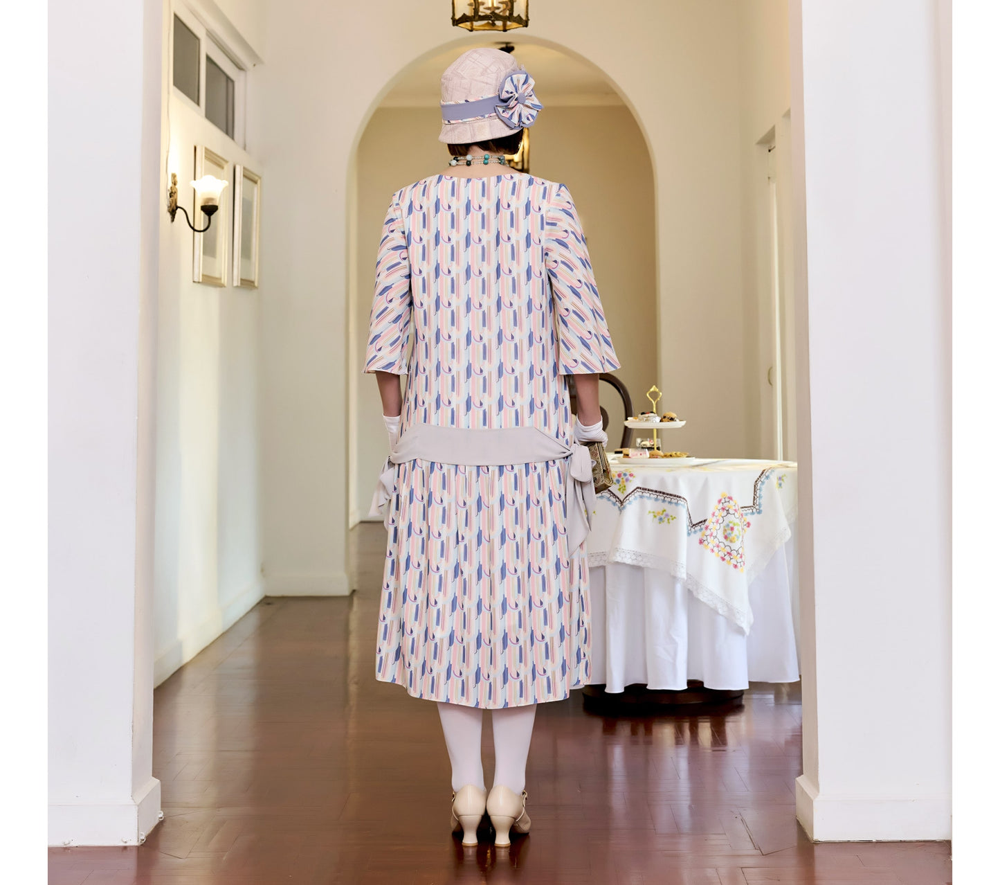 CLEARANCE: 1920s summer dress with art deco design & elbow sleeves