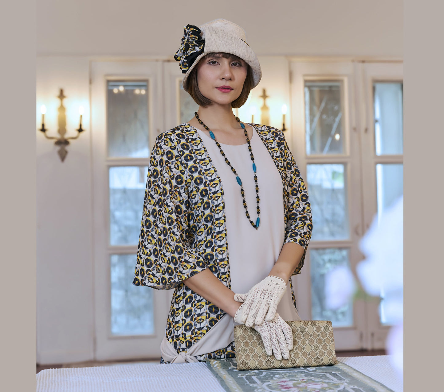 CLEARANCE: Chiffon Art Deco dress in black, yellow and white