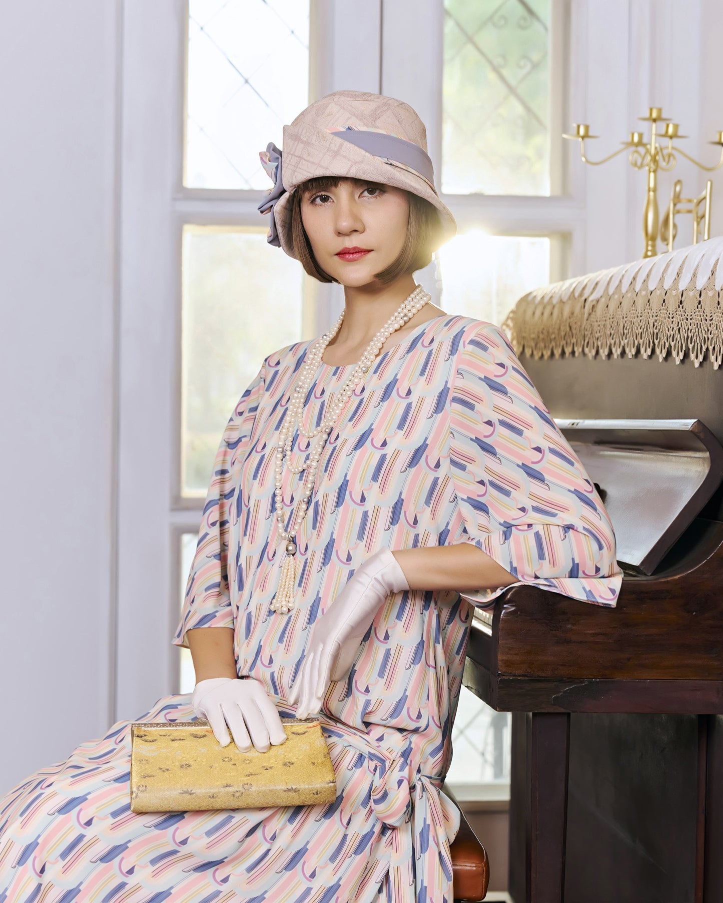 CLEARANCE: Art Deco chiffon flapper dress with elbow sleeves