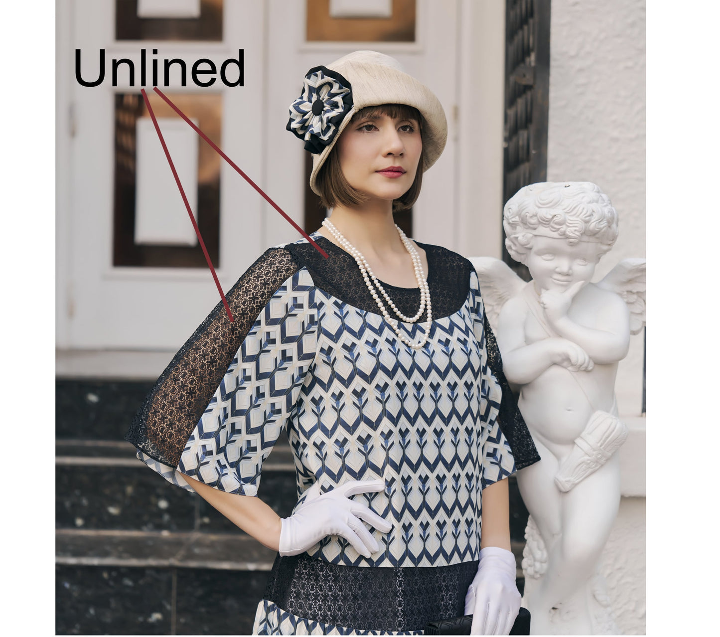 1920s chiffon art deco dress with lace insets and elbow sleeves