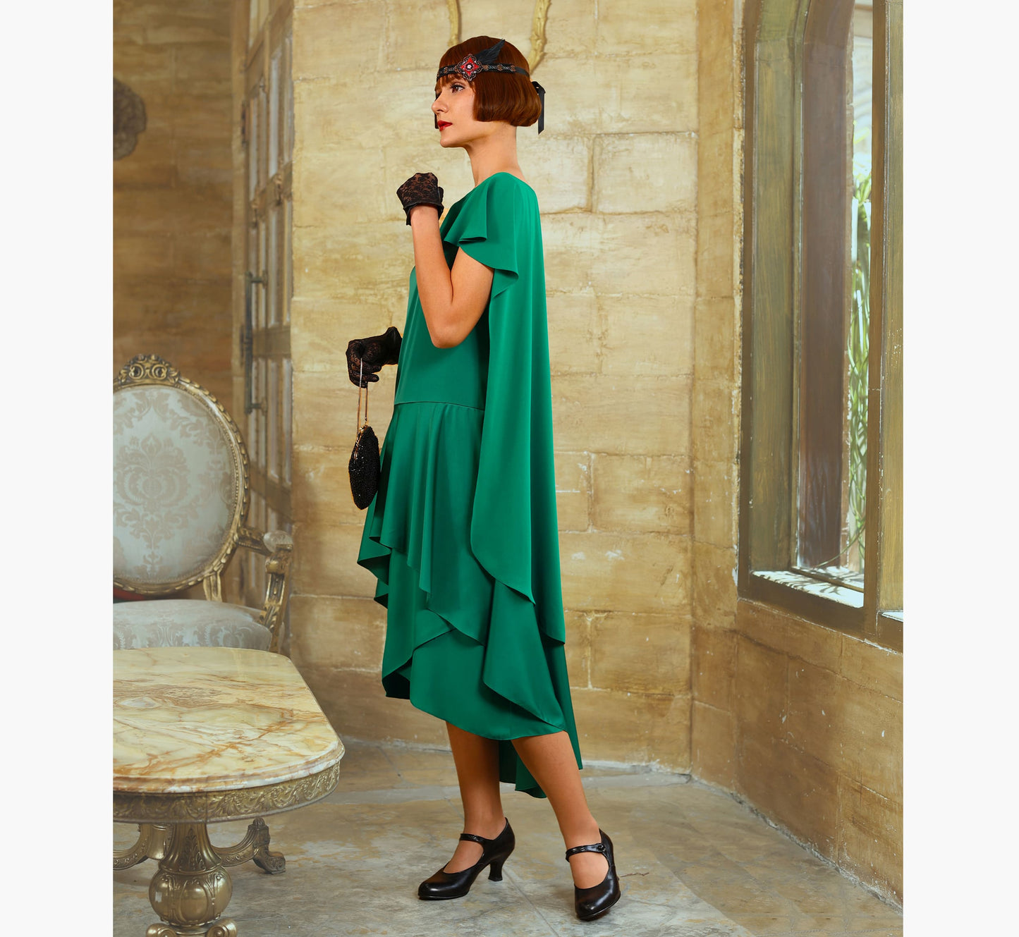 Green 1920s evening satin dress with a shoulder train - a vintage-inspired Roaring Twenties dress