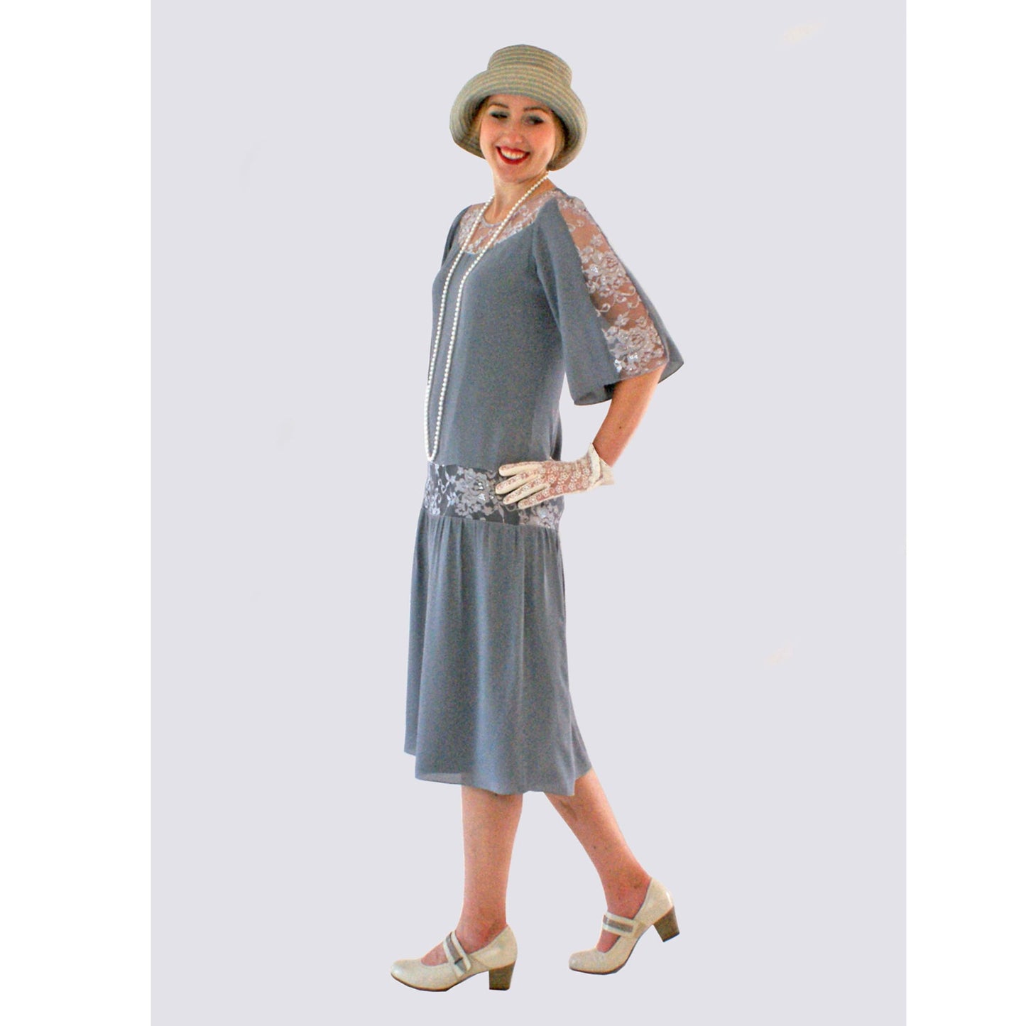 Grey Great Gatsby dress with elbow-length sleeves, a flapper 1920s dress made of grey chiffon and silver grey lace.