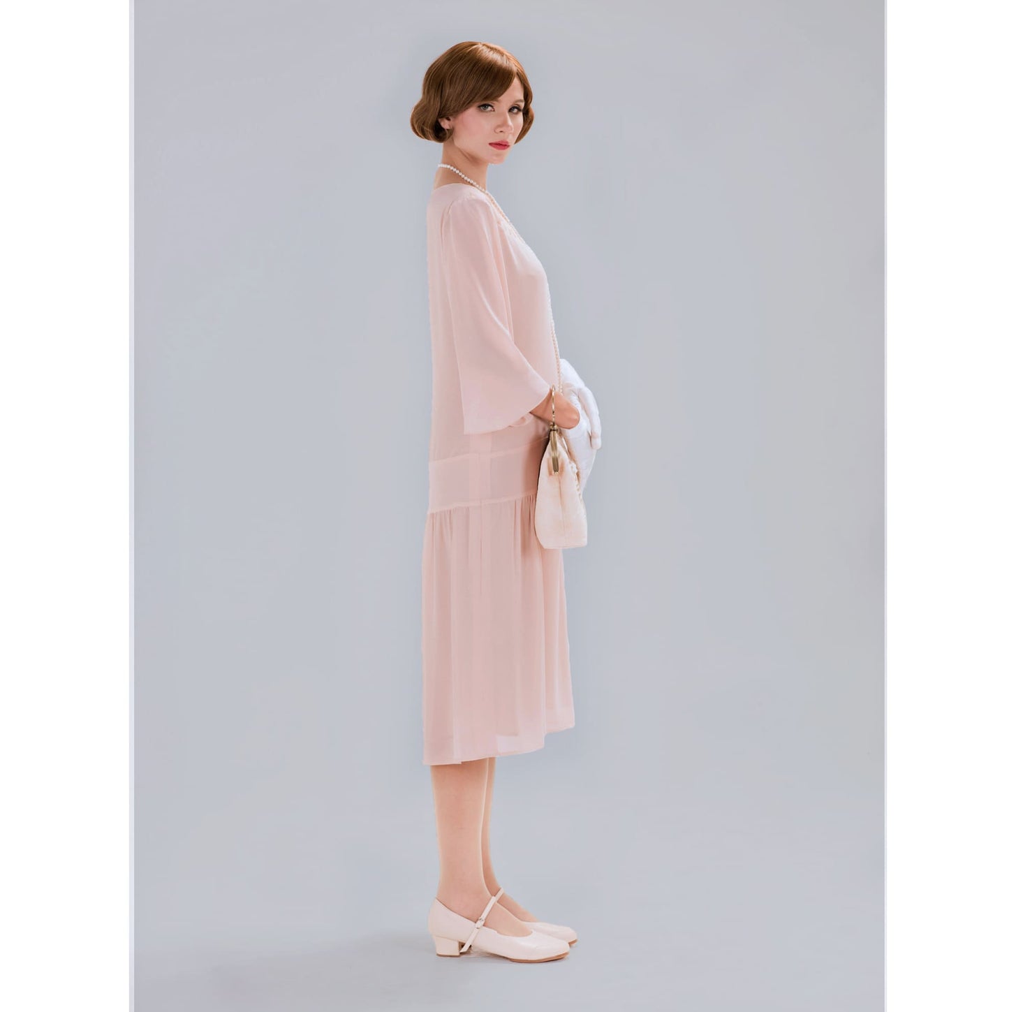 Chiffon Great Gatsby dress in nude color with elbow length sleeves. This 1920s dress can be worn as a Flapper dress or Downton Abbey dress.