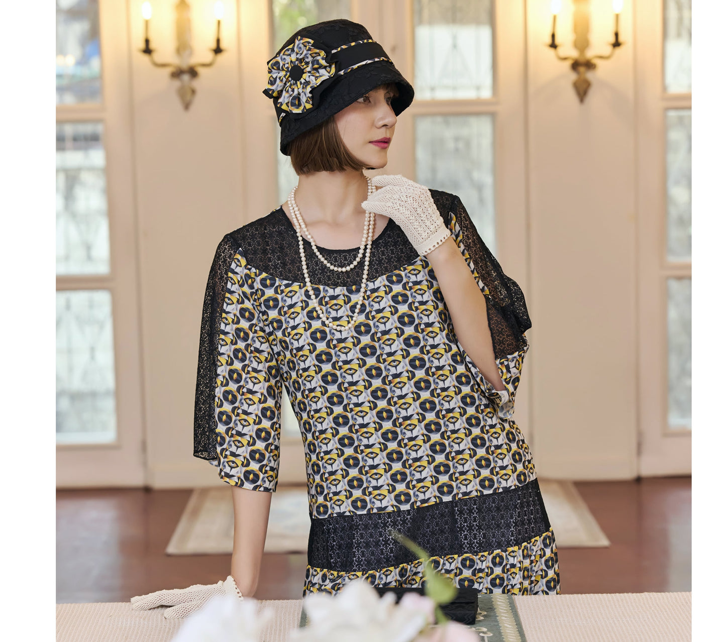 CLEARANCE: Flapper dress in Art Deco print & lace in black/yellow/white