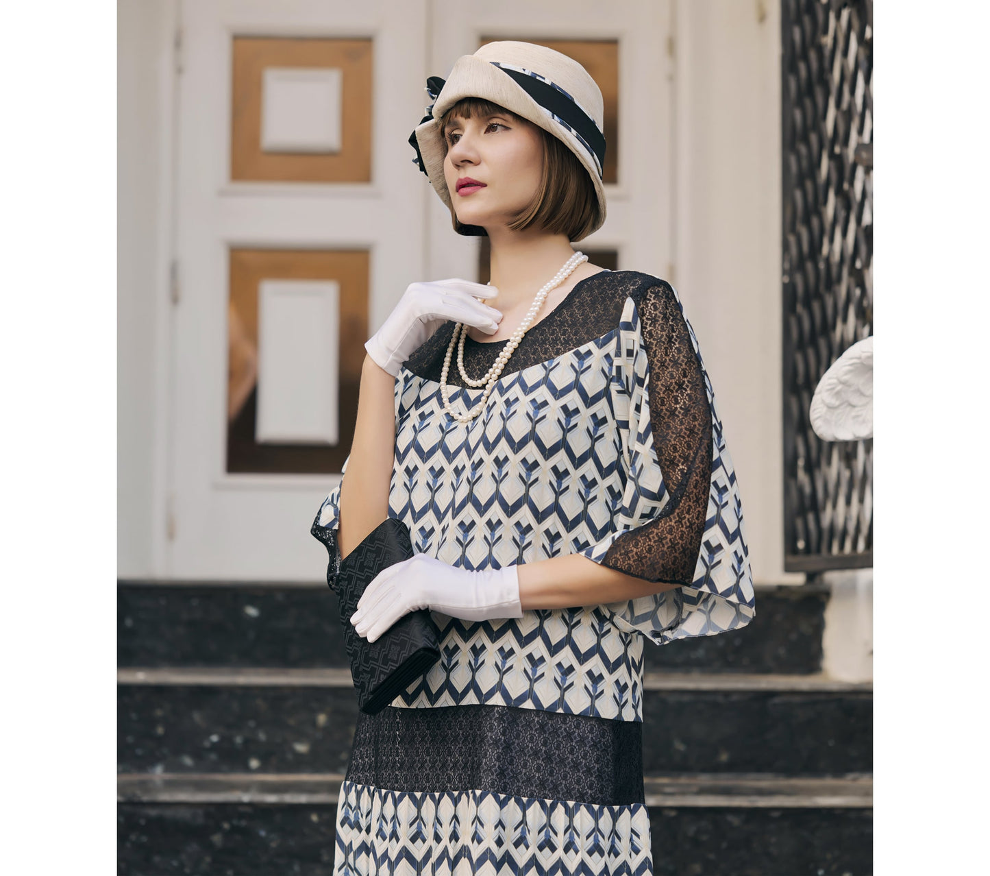 1920s chiffon art deco dress with lace insets and elbow sleeves